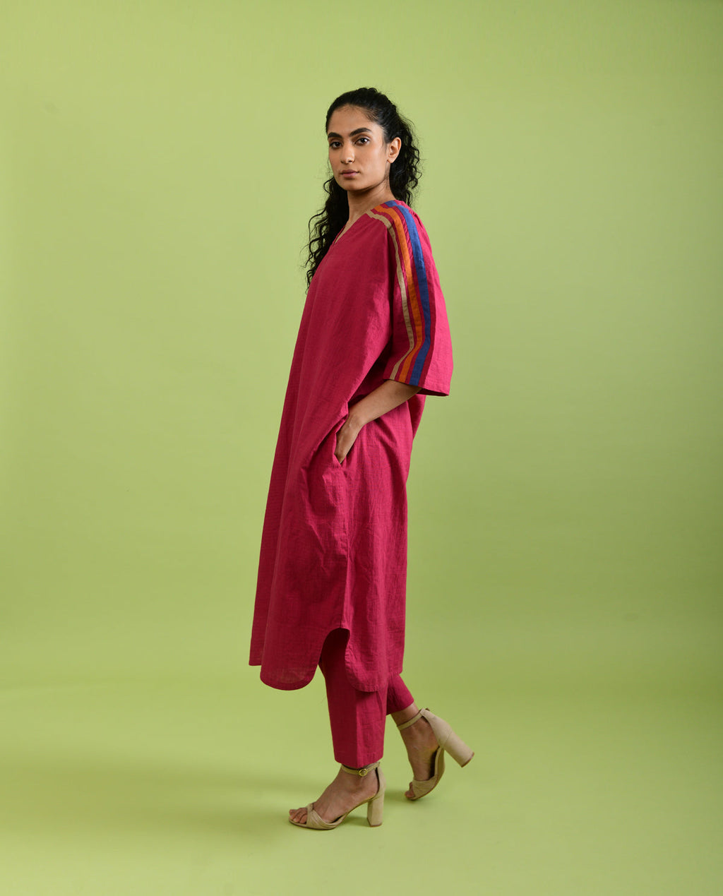 Viva Magenta Co-ord Set by Rias Jaipur with Best Selling, Casual Wear, Co-ord Sets, For Mother, For Mother W, Handloom Cotton, Handspun, Handwoven, Hue, Lounge Wear Co-ords, Pink, Regular Fit, Rias Hue by Rias Jaipur, Solids, Stripes, Womenswear at Kamakhyaa for sustainable fashion