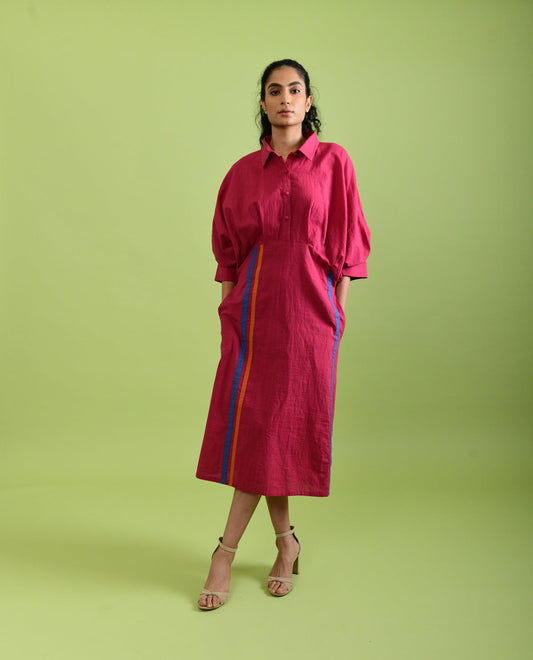 Viva Magenta Midi Dress by Rias Jaipur with Best Selling, Casual Wear, Handloom Cotton, Handspun, Handwoven, Hue, Midi Dresses, Pink, Regular Fit, Rias Hue by Rias Jaipur, Shirt Dresses, Solids, Stripes, Womenswear at Kamakhyaa for sustainable fashion