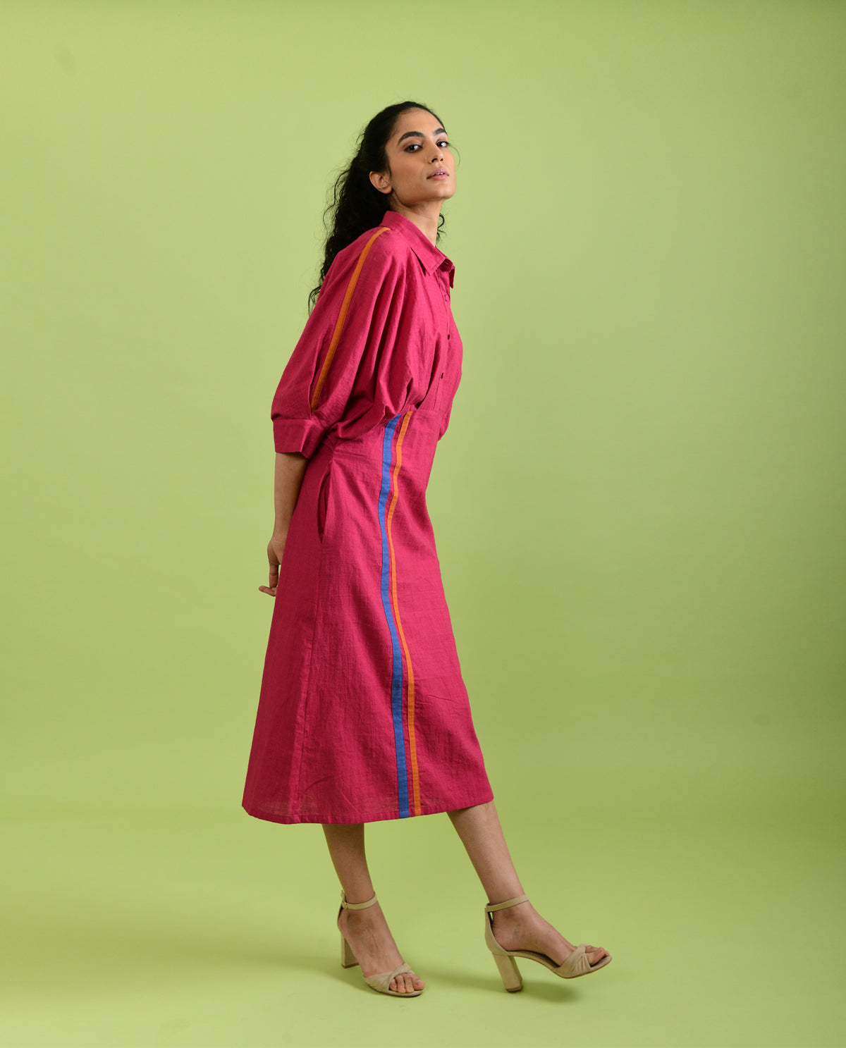Viva Magenta Midi Dress by Rias Jaipur with Best Selling, Casual Wear, Handloom Cotton, Handspun, Handwoven, Hue, Midi Dresses, Pink, Regular Fit, Rias Hue by Rias Jaipur, Shirt Dresses, Solids, Stripes, Womenswear at Kamakhyaa for sustainable fashion
