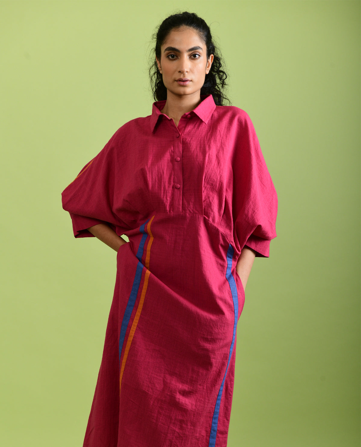 Viva Magenta Midi Dress by Rias Jaipur with Best Selling, Casual Wear, Handloom Cotton, Handspun, Handwoven, Hue, Midi Dresses, Pink, Regular Fit, Rias Hue by Rias Jaipur, Shirt Dresses, Solids, Stripes, Womenswear at Kamakhyaa for sustainable fashion