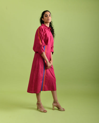 Viva Magenta Midi Dress by Rias Jaipur with Best Selling, Casual Wear, Handloom Cotton, Handspun, Handwoven, Hue, Midi Dresses, Pink, Regular Fit, Rias Hue by Rias Jaipur, Shirt Dresses, Solids, Stripes, Womenswear at Kamakhyaa for sustainable fashion