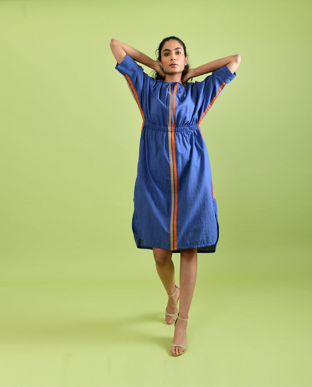 Purple Solid Midi Dress by Rias Jaipur with Best Selling, Casual Wear, Handloom Cotton, Handspun, Handwoven, Hue, Midi Dresses, Purple, Regular Fit, Rias Hue by Rias Jaipur, Shirt Dresses, Solids, Stripes, Womenswear at Kamakhyaa for sustainable fashion