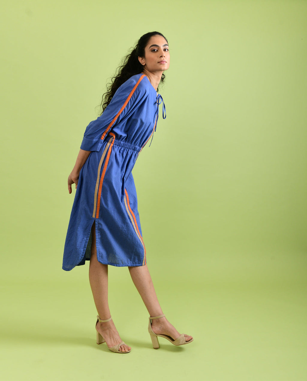 Purple Solid Midi Dress by Rias Jaipur with Best Selling, Casual Wear, Handloom Cotton, Handspun, Handwoven, Hue, Midi Dresses, Purple, Regular Fit, Rias Hue by Rias Jaipur, Shirt Dresses, Solids, Stripes, Womenswear at Kamakhyaa for sustainable fashion