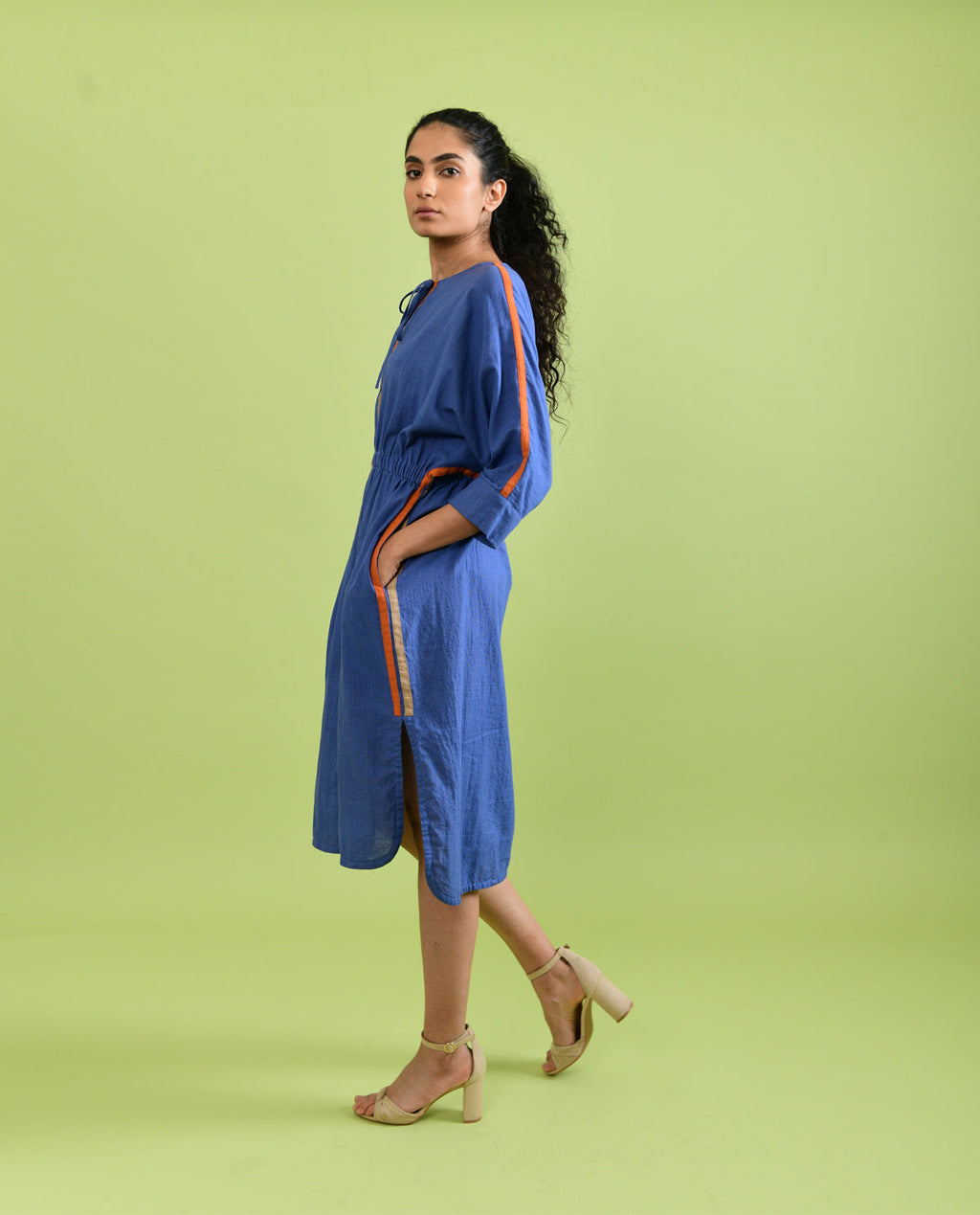 Purple Solid Midi Dress by Rias Jaipur with Best Selling, Casual Wear, Handloom Cotton, Handspun, Handwoven, Hue, Midi Dresses, Purple, Regular Fit, Rias Hue by Rias Jaipur, Shirt Dresses, Solids, Stripes, Womenswear at Kamakhyaa for sustainable fashion