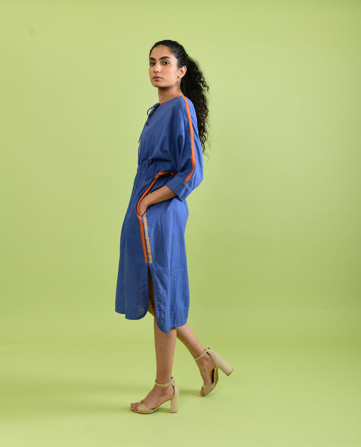 Purple Solid Midi Dress by Rias Jaipur with Best Selling, Casual Wear, Handloom Cotton, Handspun, Handwoven, Hue, Midi Dresses, Purple, Regular Fit, Rias Hue by Rias Jaipur, Shirt Dresses, Solids, Stripes, Womenswear at Kamakhyaa for sustainable fashion