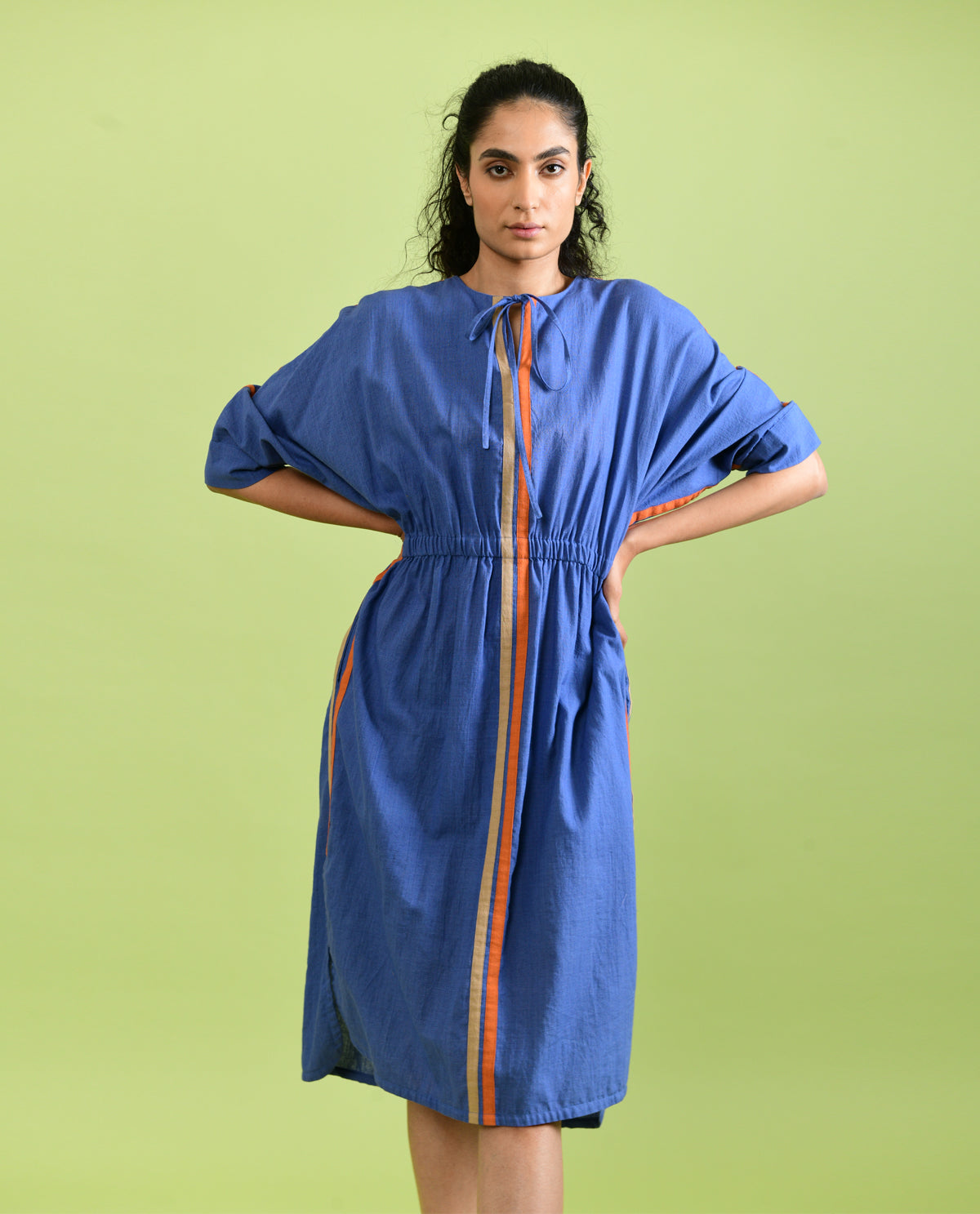 Purple Solid Midi Dress by Rias Jaipur with Best Selling, Casual Wear, Handloom Cotton, Handspun, Handwoven, Hue, Midi Dresses, Purple, Regular Fit, Rias Hue by Rias Jaipur, Shirt Dresses, Solids, Stripes, Womenswear at Kamakhyaa for sustainable fashion