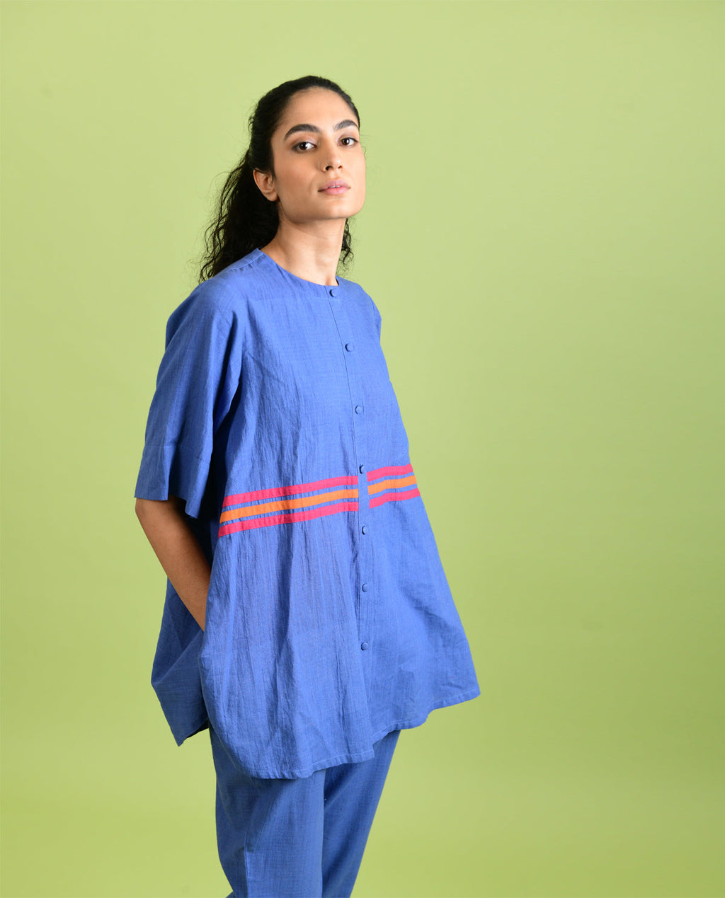 Handloom Cotton Co-ord Set by Rias Jaipur with Best Selling, Casual Wear, Co-ord Sets, For Mother, For Mother W, Handloom Cotton, Handspun, Handwoven, Hue, Office Wear Co-ords, Purple, Regular Fit, Rias Hue by Rias Jaipur, Solids, Stripes, Travel, Travel Co-ords, Womenswear at Kamakhyaa for sustainable fashion