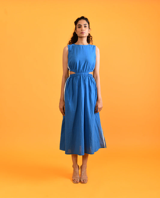 Blue Midi Dress by Rias Jaipur with Blue, Casual Wear, Cut Out Dresses, Handloom Cotton, Handspun, Handwoven, Hue, Midi Dresses, Rias Hue by Rias Jaipur, Sleeveless Dresses, Slim Fit, Solids, Stripes, Womenswear at Kamakhyaa for sustainable fashion