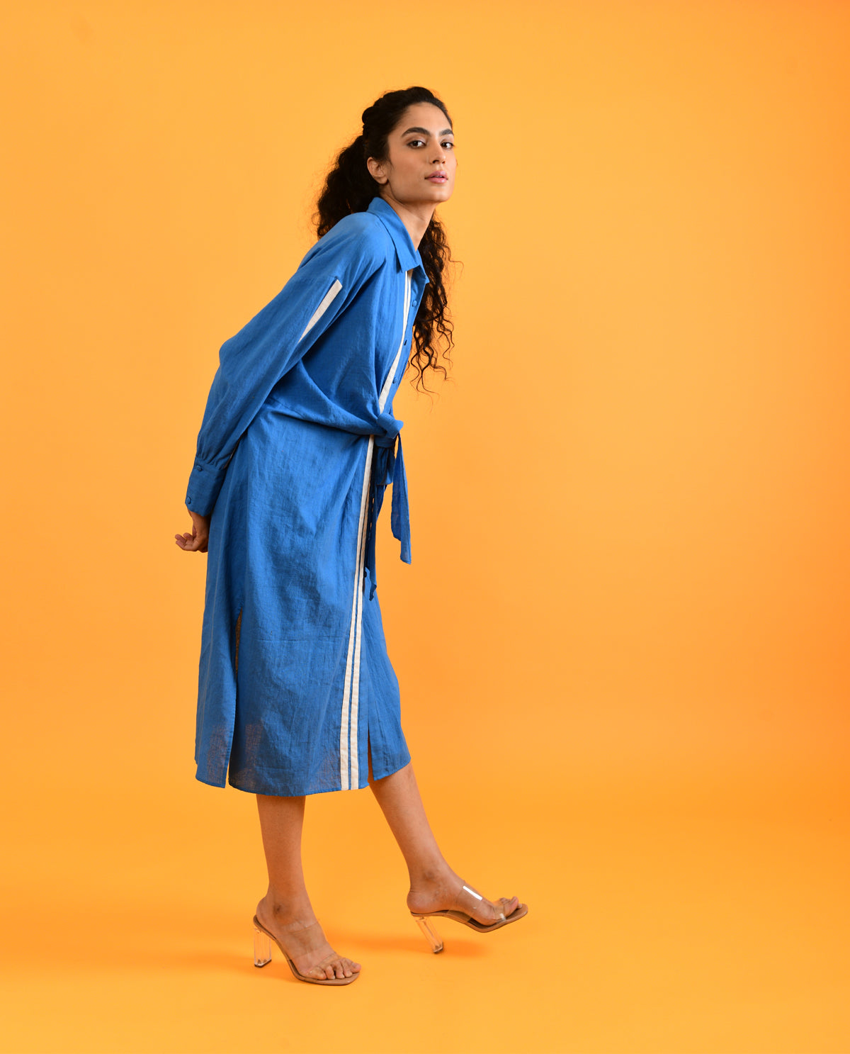 Blue Tie Up Midi Dress by Rias Jaipur with Blue, Casual Wear, For Anniversary, Handloom Cotton, Handspun, Handwoven, Hue, Midi Dresses, Relaxed Fit, Rias Hue by Rias Jaipur, Shirt Dresses, solid, Solids, Stripes, Womenswear at Kamakhyaa for sustainable fashion
