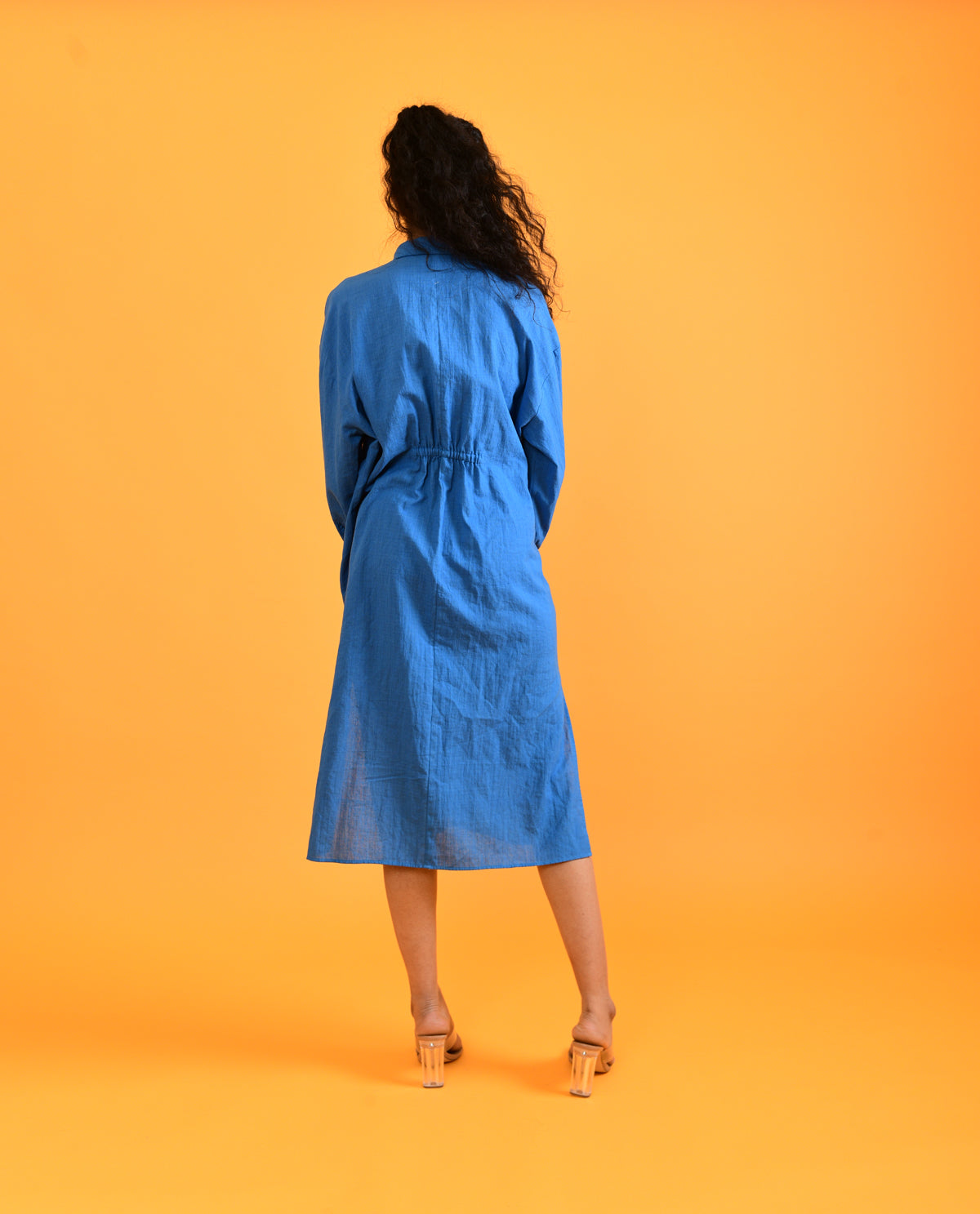 Blue Tie Up Midi Dress at Kamakhyaa by Rias Jaipur. This item is Blue, Casual Wear, For Anniversary, Handloom Cotton, Handspun, Handwoven, Hue, Midi Dresses, Relaxed Fit, Shirt Dresses, solid, Solids, Stripes, Womenswear