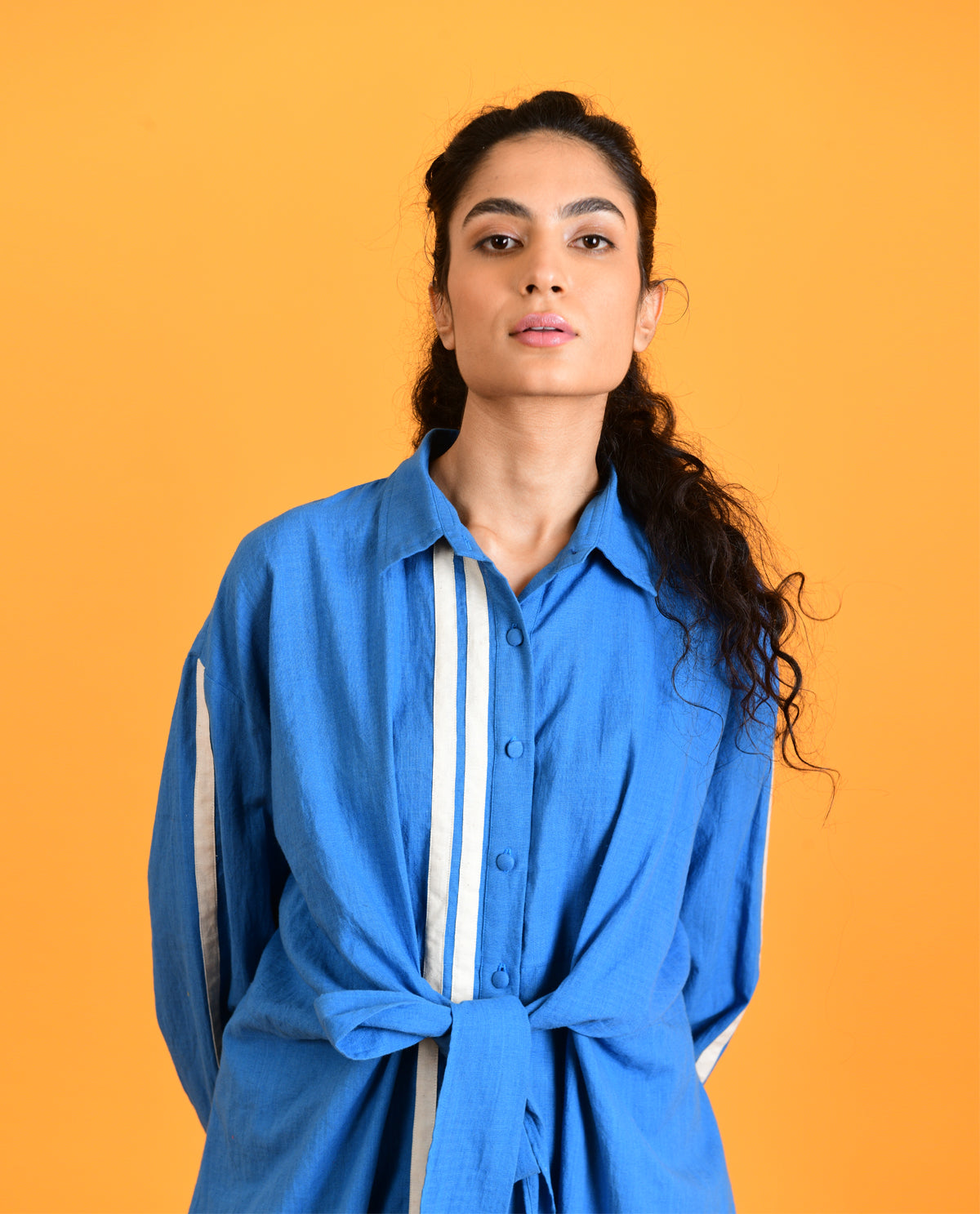Blue Tie Up Midi Dress by Rias Jaipur with Blue, Casual Wear, For Anniversary, Handloom Cotton, Handspun, Handwoven, Hue, Midi Dresses, Relaxed Fit, Rias Hue by Rias Jaipur, Shirt Dresses, solid, Solids, Stripes, Womenswear at Kamakhyaa for sustainable fashion