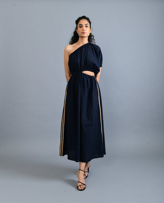 Black Solid Midi Dress by Rias Jaipur with Black, Casual Wear, Handloom Cotton, Handspun, Handwoven, Hue, Midi Dresses, One Shoulder Dresses, Relaxed Fit, Rias Hue by Rias Jaipur, Solids, Stripes, Womenswear at Kamakhyaa for sustainable fashion