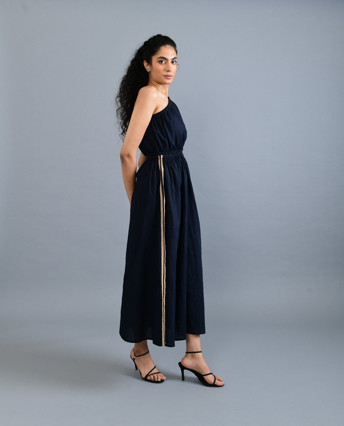 Black Solid Midi Dress by Rias Jaipur with Black, Casual Wear, Handloom Cotton, Handspun, Handwoven, Hue, Midi Dresses, One Shoulder Dresses, Relaxed Fit, Rias Hue by Rias Jaipur, Solids, Stripes, Womenswear at Kamakhyaa for sustainable fashion