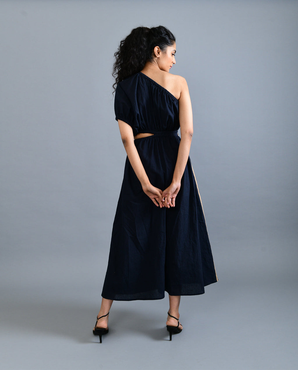 Black Solid Midi Dress by Rias Jaipur with Black, Casual Wear, Handloom Cotton, Handspun, Handwoven, Hue, Midi Dresses, One Shoulder Dresses, Relaxed Fit, Rias Hue by Rias Jaipur, Solids, Stripes, Womenswear at Kamakhyaa for sustainable fashion