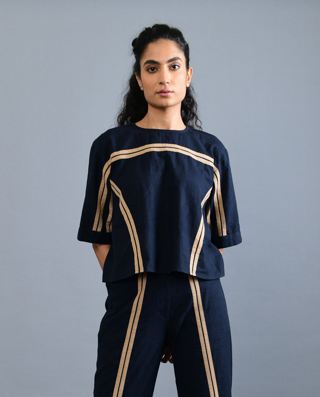 Black Cotton Crop Top by Rias Jaipur with Black, Casual Wear, Crop Tops, For Siblings, Handloom Cotton, Handspun, Handwoven, Hue, Regular Fit, Rias Hue by Rias Jaipur, Solids, Stripes, Womenswear at Kamakhyaa for sustainable fashion