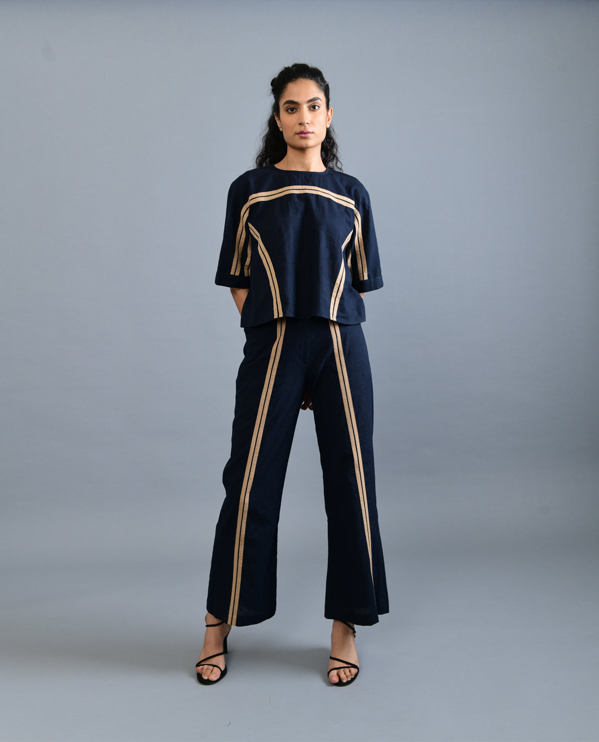 Black Solid Co-ord Set at Kamakhyaa by Rias Jaipur. This item is Black, Casual Wear, Co-ord Sets, Handloom Cotton, Handspun, Handwoven, Hue, Office, Office Wear Co-ords, Regular Fit, Solids, Stripes, Womenswear