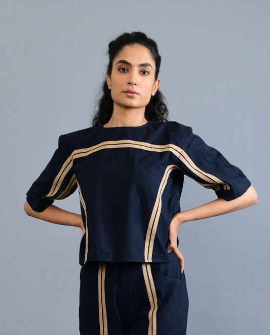 Black Cotton Crop Top by Rias Jaipur with Black, Casual Wear, Crop Tops, For Siblings, Handloom Cotton, Handspun, Handwoven, Hue, Regular Fit, Rias Hue by Rias Jaipur, Solids, Stripes, Womenswear at Kamakhyaa for sustainable fashion