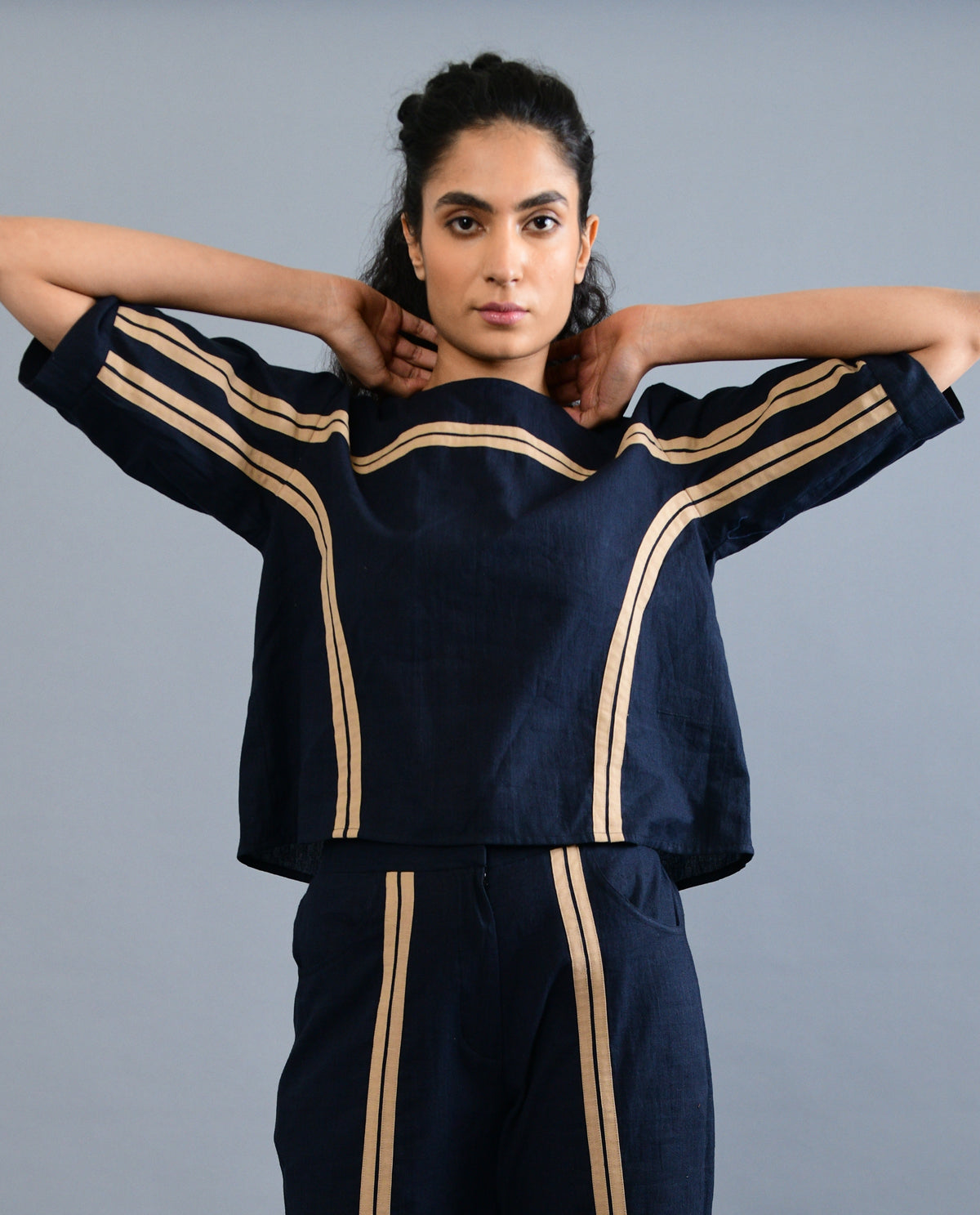 Black Cotton Crop Top by Rias Jaipur with Black, Casual Wear, Crop Tops, For Siblings, Handloom Cotton, Handspun, Handwoven, Hue, Regular Fit, Rias Hue by Rias Jaipur, Solids, Stripes, Womenswear at Kamakhyaa for sustainable fashion