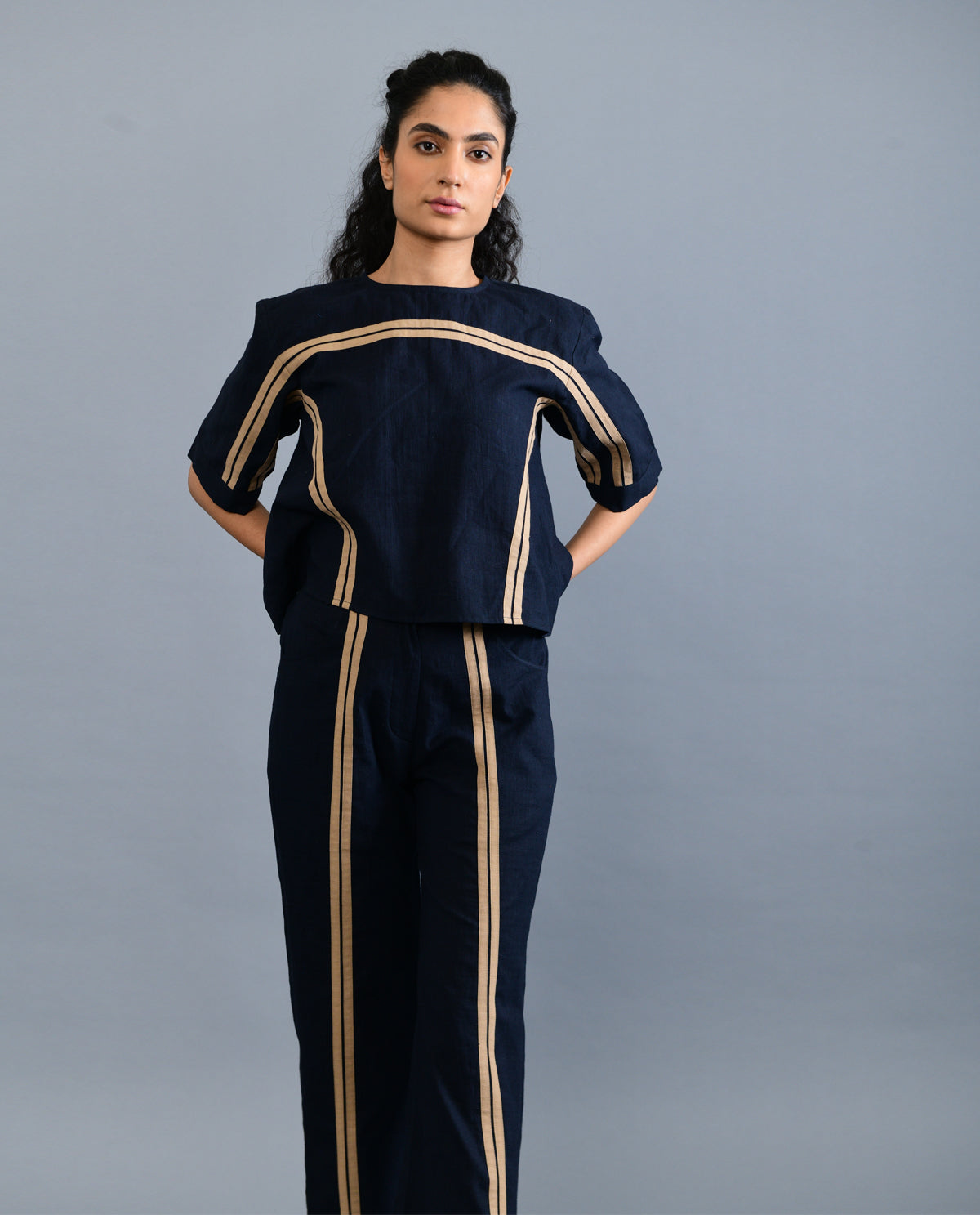 Black Solid Co-ord Set at Kamakhyaa by Rias Jaipur. This item is Black, Casual Wear, Co-ord Sets, Handloom Cotton, Handspun, Handwoven, Hue, Office, Office Wear Co-ords, Regular Fit, Solids, Stripes, Womenswear