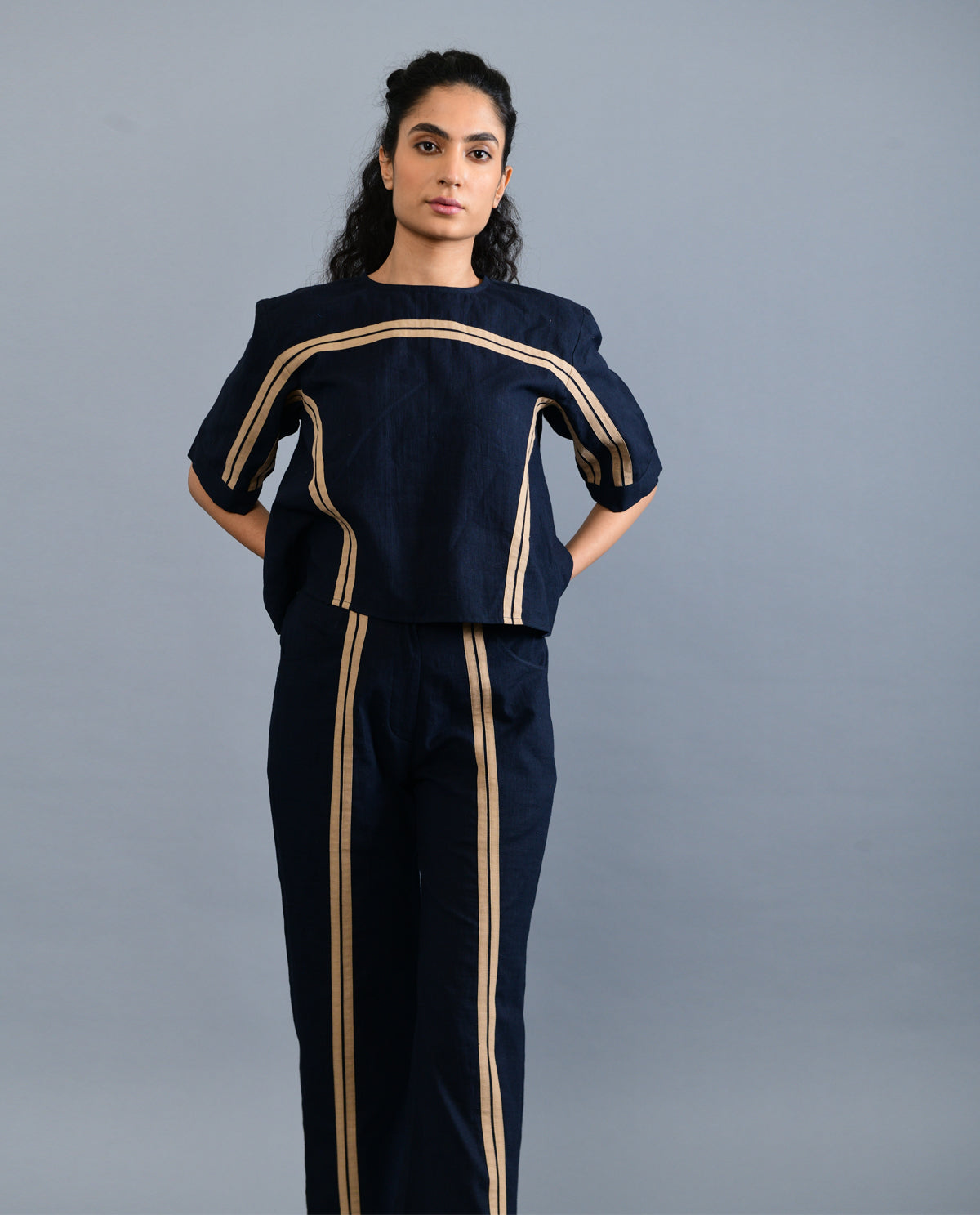 Black Solid Co-ord Set by Rias Jaipur with Black, Casual Wear, Co-ord Sets, Handloom Cotton, Handspun, Handwoven, Hue, Office, Office Wear Co-ords, Regular Fit, Rias Hue by Rias Jaipur, Solids, Stripes, Womenswear at Kamakhyaa for sustainable fashion