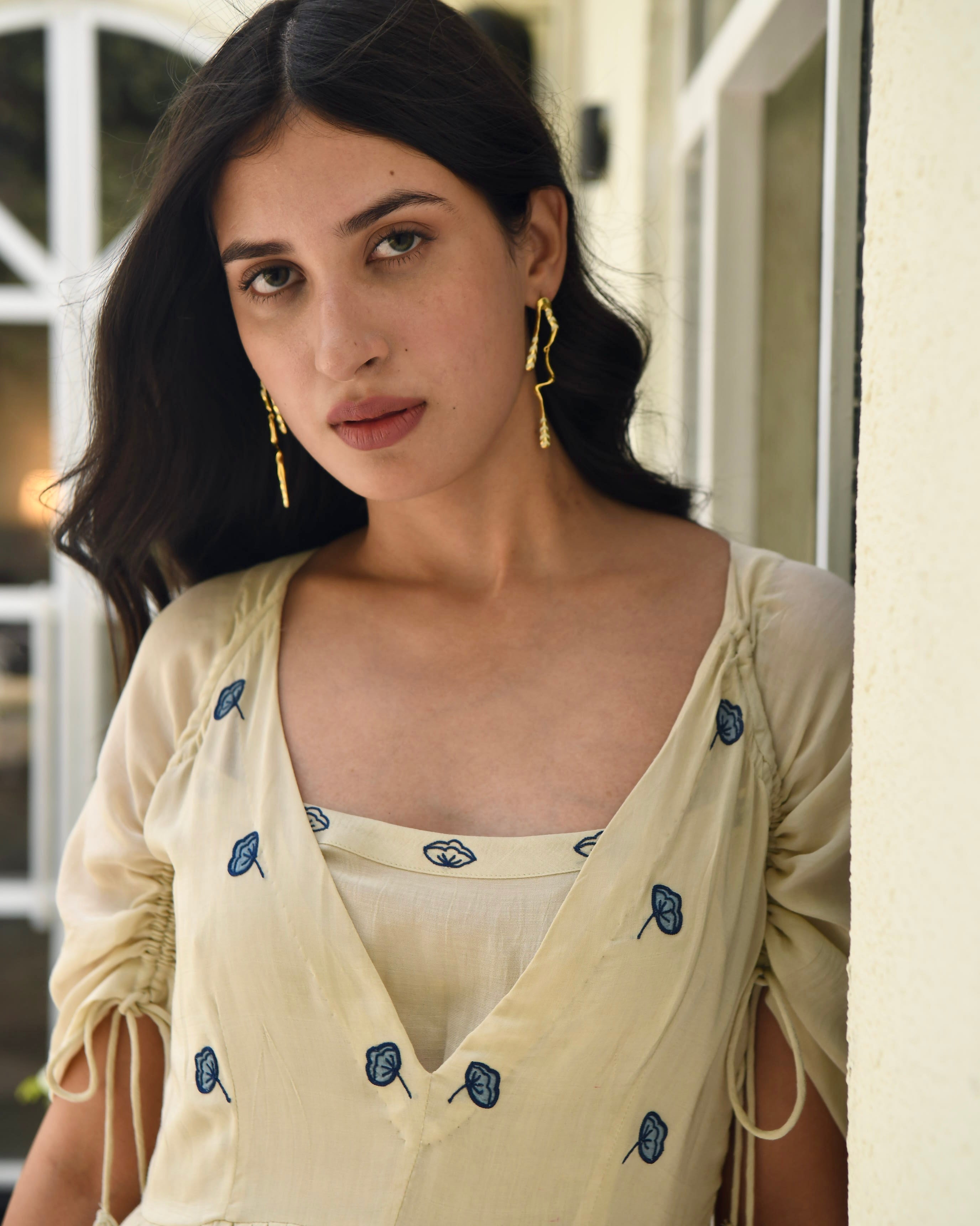 Brown Embroidered Silk Maxi Dress by Taro with Bangalore Silk, Best Selling, Dusk To Dawn by Taro, Evening Wear, FB ADS JUNE, For Anniversary, July Sale, July Sale 2023, Maxi Dresses, Natural, Regular Fit, Silk, Tiered Dresses, Womenswear, Yellow at Kamakhyaa for sustainable fashion