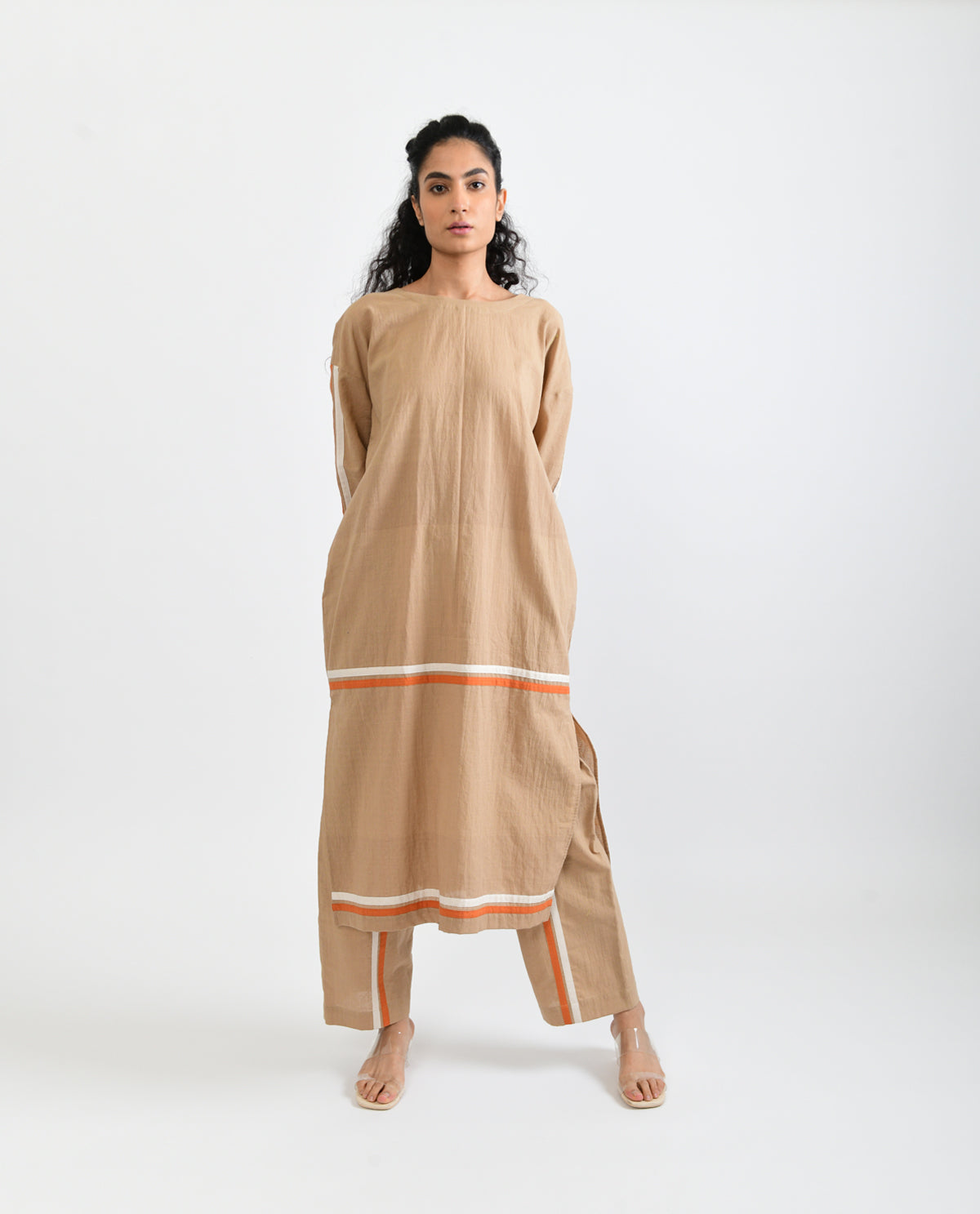 Beige Solid Co-ord Set by Rias Jaipur with Beige, Casual Wear, Co-ord Sets, For Mother, Handloom Cotton, Handspun, Handwoven, Hue, Relaxed Fit, Rias Hue by Rias Jaipur, Solids, Stripes, Travel, Travel Co-ords, Womenswear at Kamakhyaa for sustainable fashion