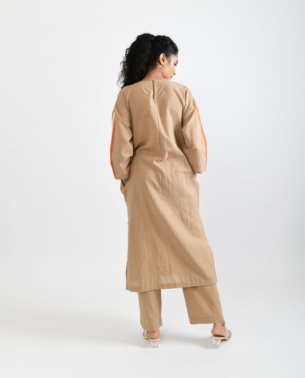 Beige Solid Co-ord Set by Rias Jaipur with Beige, Casual Wear, Co-ord Sets, For Mother, Handloom Cotton, Handspun, Handwoven, Hue, Relaxed Fit, Rias Hue by Rias Jaipur, Solids, Stripes, Travel, Travel Co-ords, Womenswear at Kamakhyaa for sustainable fashion