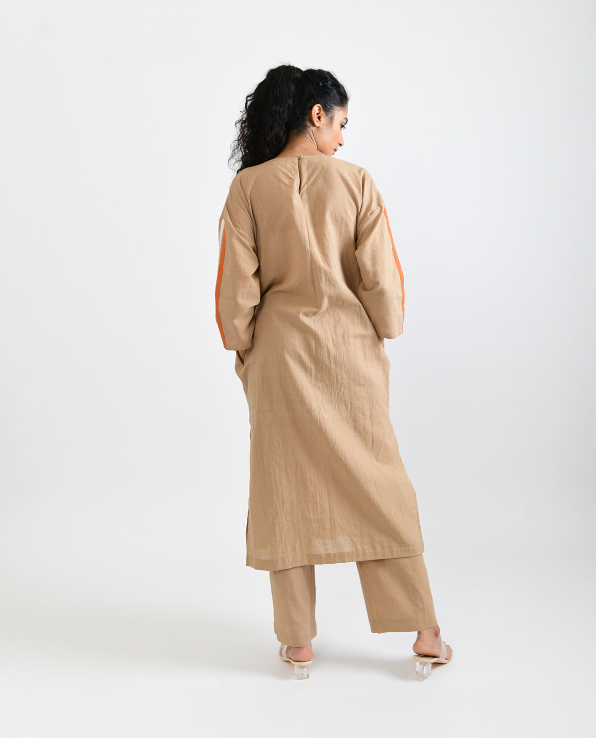 Beige Solid Co-ord Set by Rias Jaipur with Beige, Casual Wear, Co-ord Sets, For Mother, Handloom Cotton, Handspun, Handwoven, Hue, Relaxed Fit, Rias Hue by Rias Jaipur, Solids, Stripes, Travel, Travel Co-ords, Womenswear at Kamakhyaa for sustainable fashion
