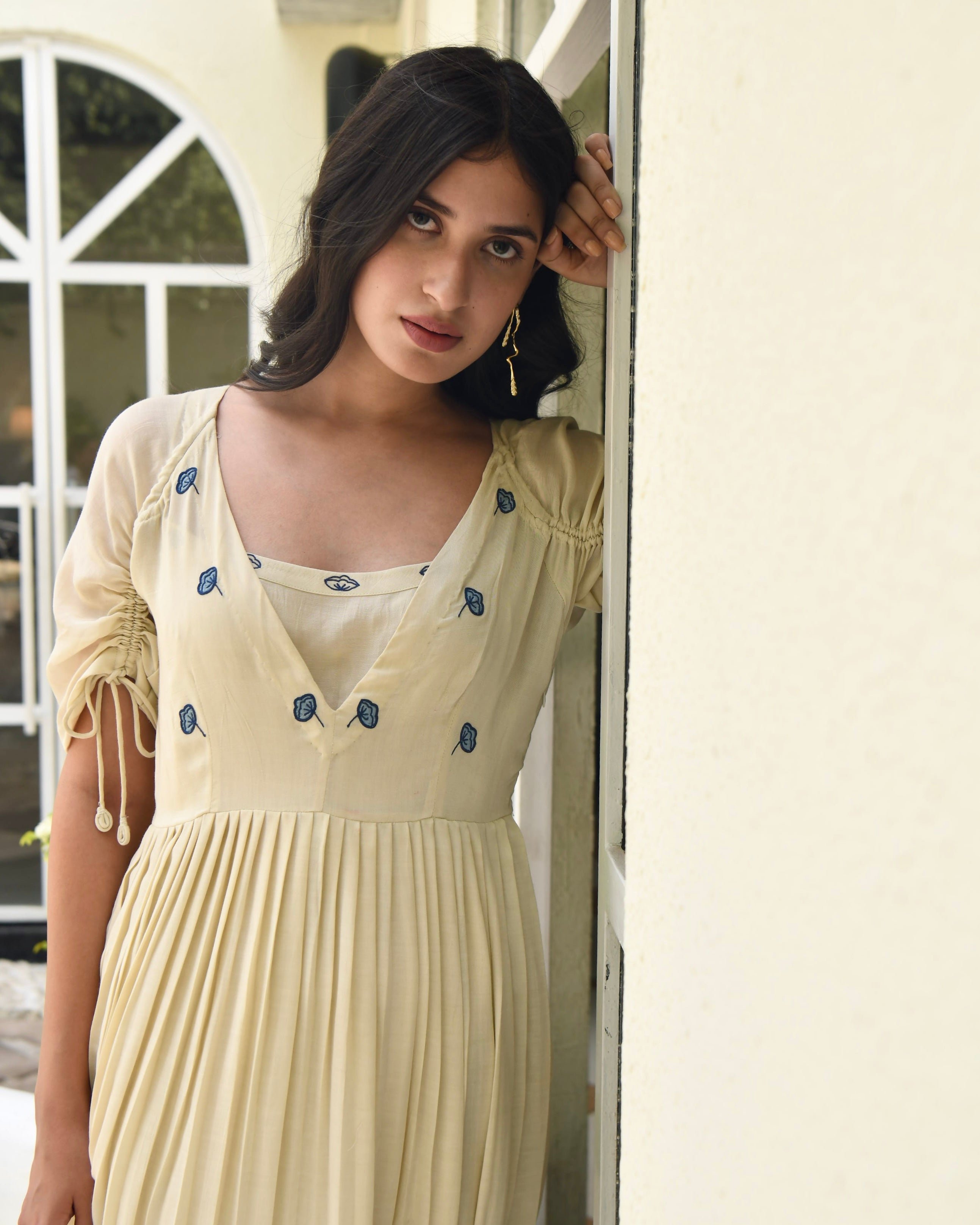 Brown Embroidered Silk Maxi Dress by Taro with Bangalore Silk, Best Selling, Dusk To Dawn by Taro, Evening Wear, FB ADS JUNE, For Anniversary, July Sale, July Sale 2023, Maxi Dresses, Natural, Regular Fit, Silk, Tiered Dresses, Womenswear, Yellow at Kamakhyaa for sustainable fashion