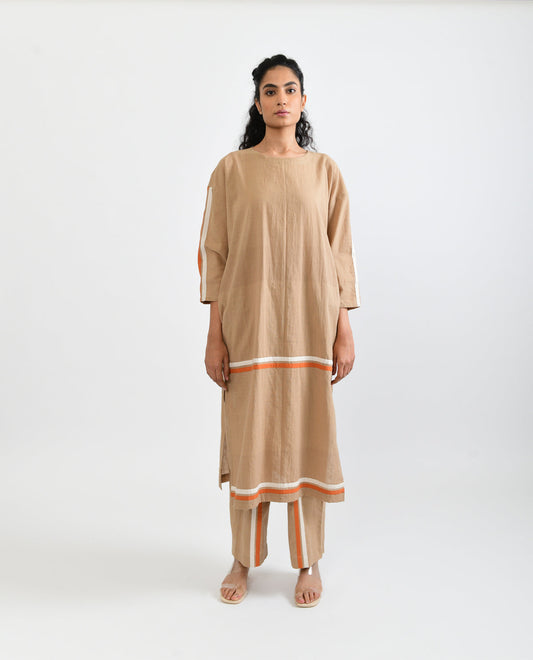 Beige Solid Co-ord Set by Rias Jaipur with Beige, Casual Wear, Co-ord Sets, For Mother, Handloom Cotton, Handspun, Handwoven, Hue, Relaxed Fit, Rias Hue by Rias Jaipur, Solids, Stripes, Travel, Travel Co-ords, Womenswear at Kamakhyaa for sustainable fashion