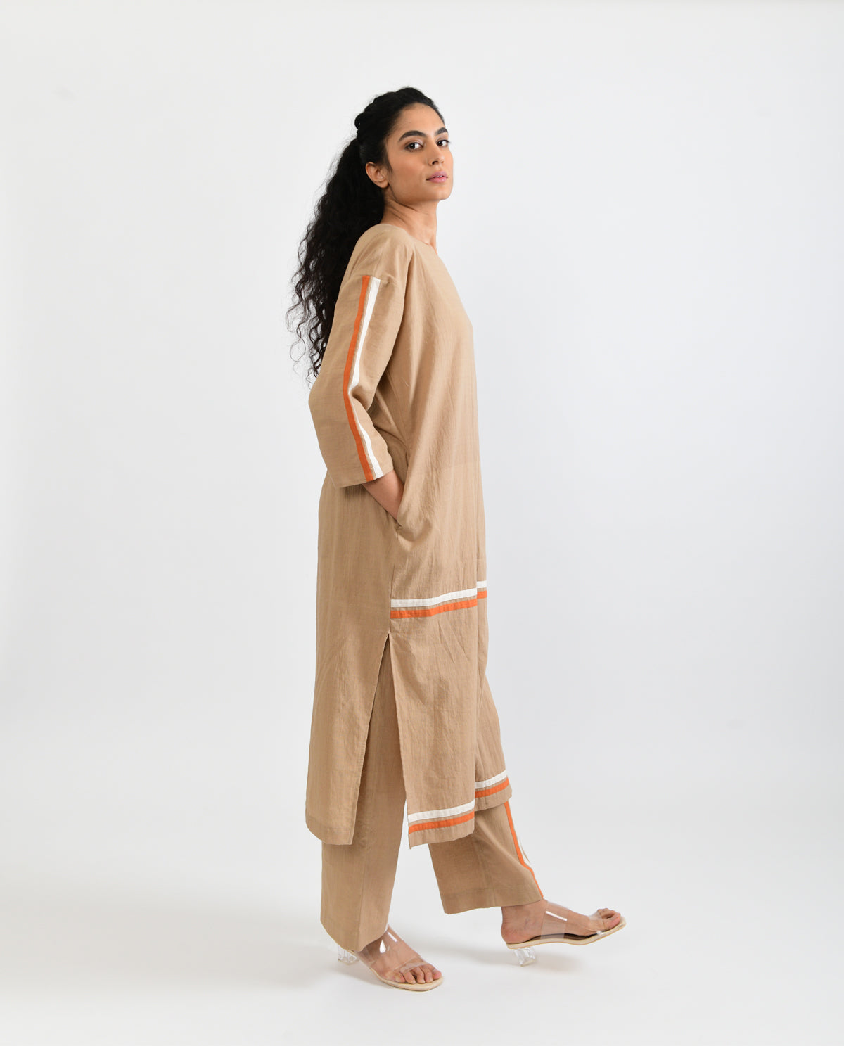 Beige Solid Co-ord Set by Rias Jaipur with Beige, Casual Wear, Co-ord Sets, For Mother, Handloom Cotton, Handspun, Handwoven, Hue, Relaxed Fit, Rias Hue by Rias Jaipur, Solids, Stripes, Travel, Travel Co-ords, Womenswear at Kamakhyaa for sustainable fashion