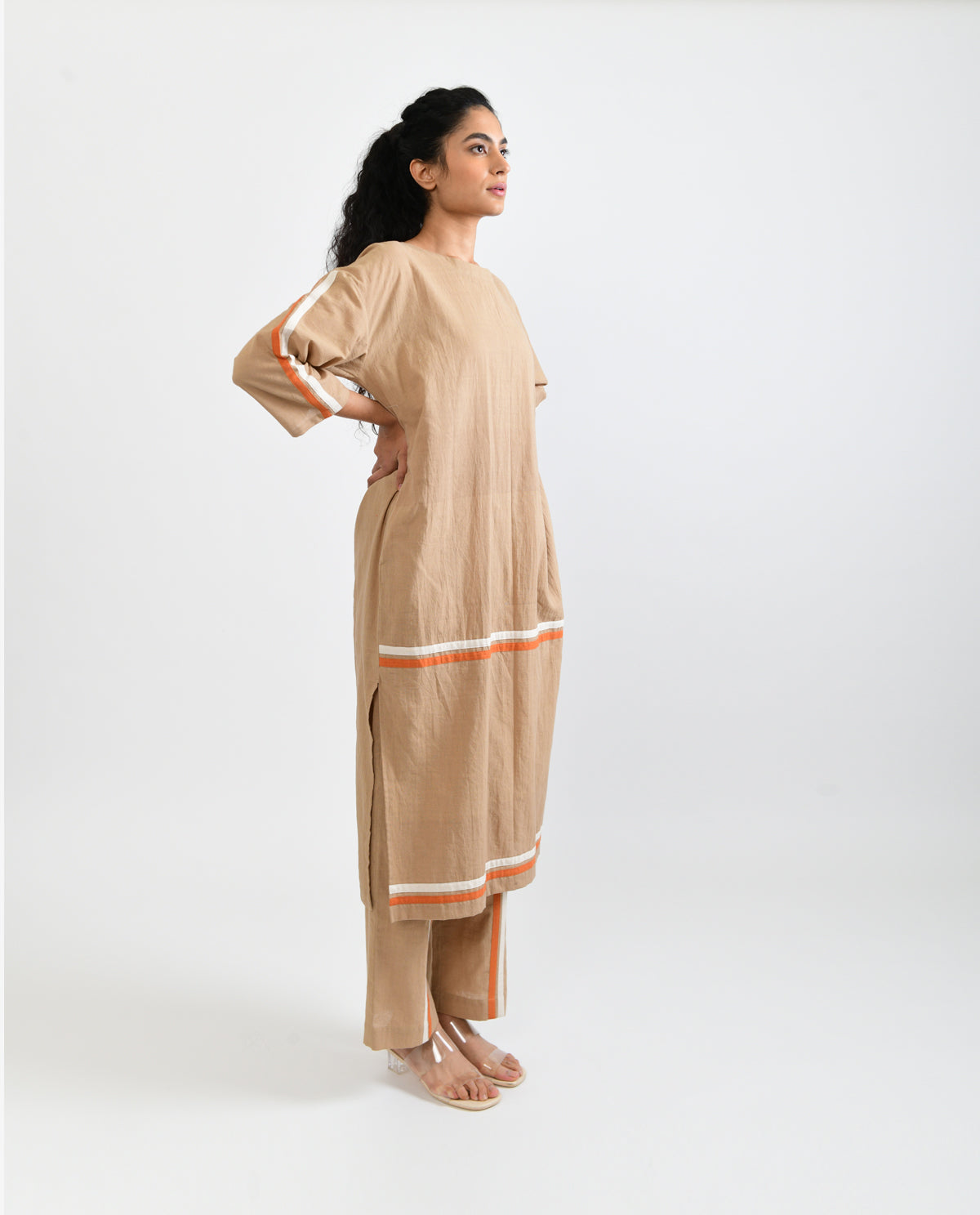 Beige Solid Co-ord Set at Kamakhyaa by Rias Jaipur. This item is Beige, Casual Wear, Co-ord Sets, For Mother, Handloom Cotton, Handspun, Handwoven, Hue, Relaxed Fit, Solids, Stripes, Travel, Travel Co-ords, Womenswear