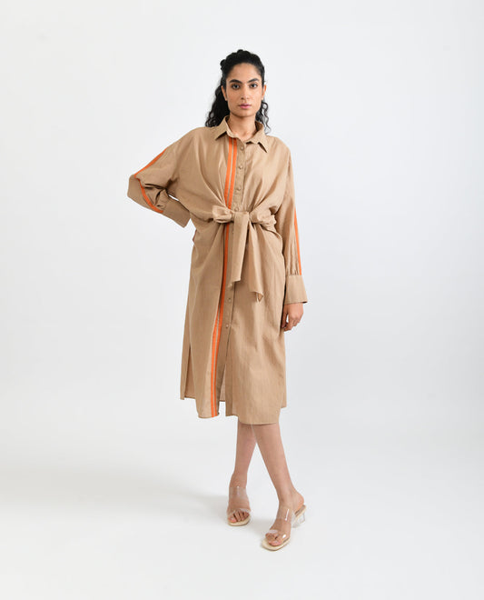 Beige Handloom Cotton Midi Dress by Rias Jaipur with Beige, Casual Wear, Handloom Cotton, Handspun, Handwoven, Hue, Midi Dresses, Relaxed Fit, Rias Hue by Rias Jaipur, Shirt Dresses, Solids, Stripes, Womenswear at Kamakhyaa for sustainable fashion