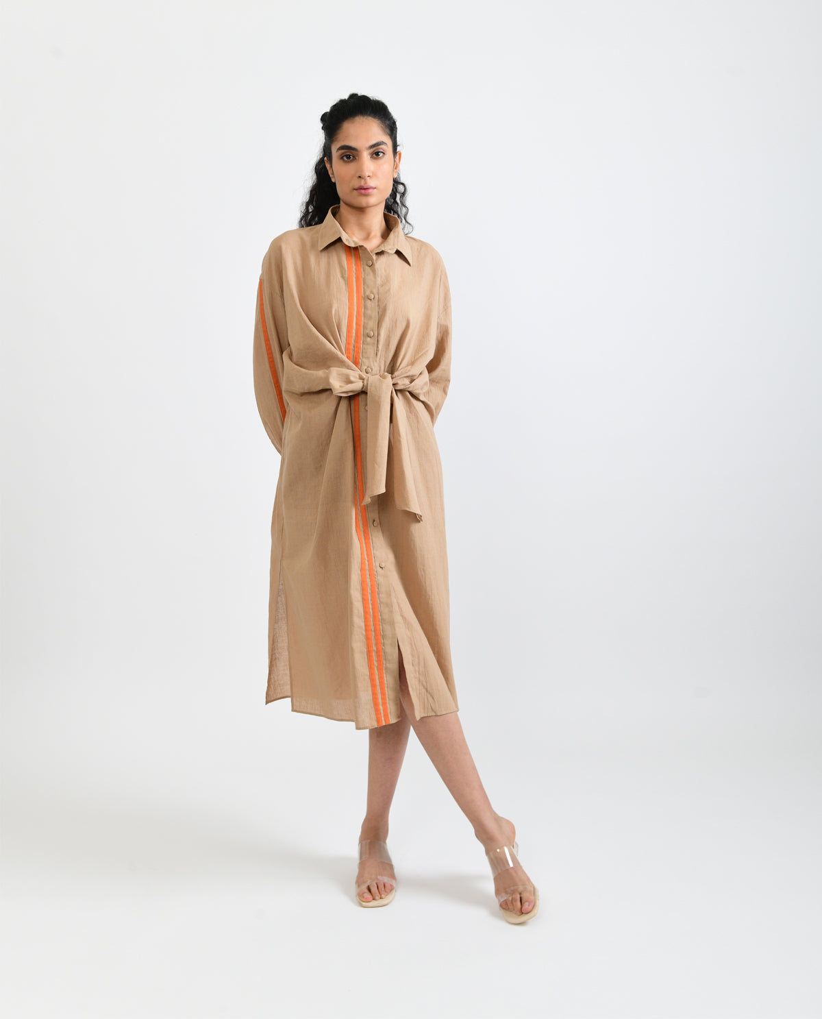 Beige Handloom Cotton Midi Dress by Rias Jaipur with Beige, Casual Wear, Handloom Cotton, Handspun, Handwoven, Hue, Midi Dresses, Relaxed Fit, Rias Hue by Rias Jaipur, Shirt Dresses, Solids, Stripes, Womenswear at Kamakhyaa for sustainable fashion