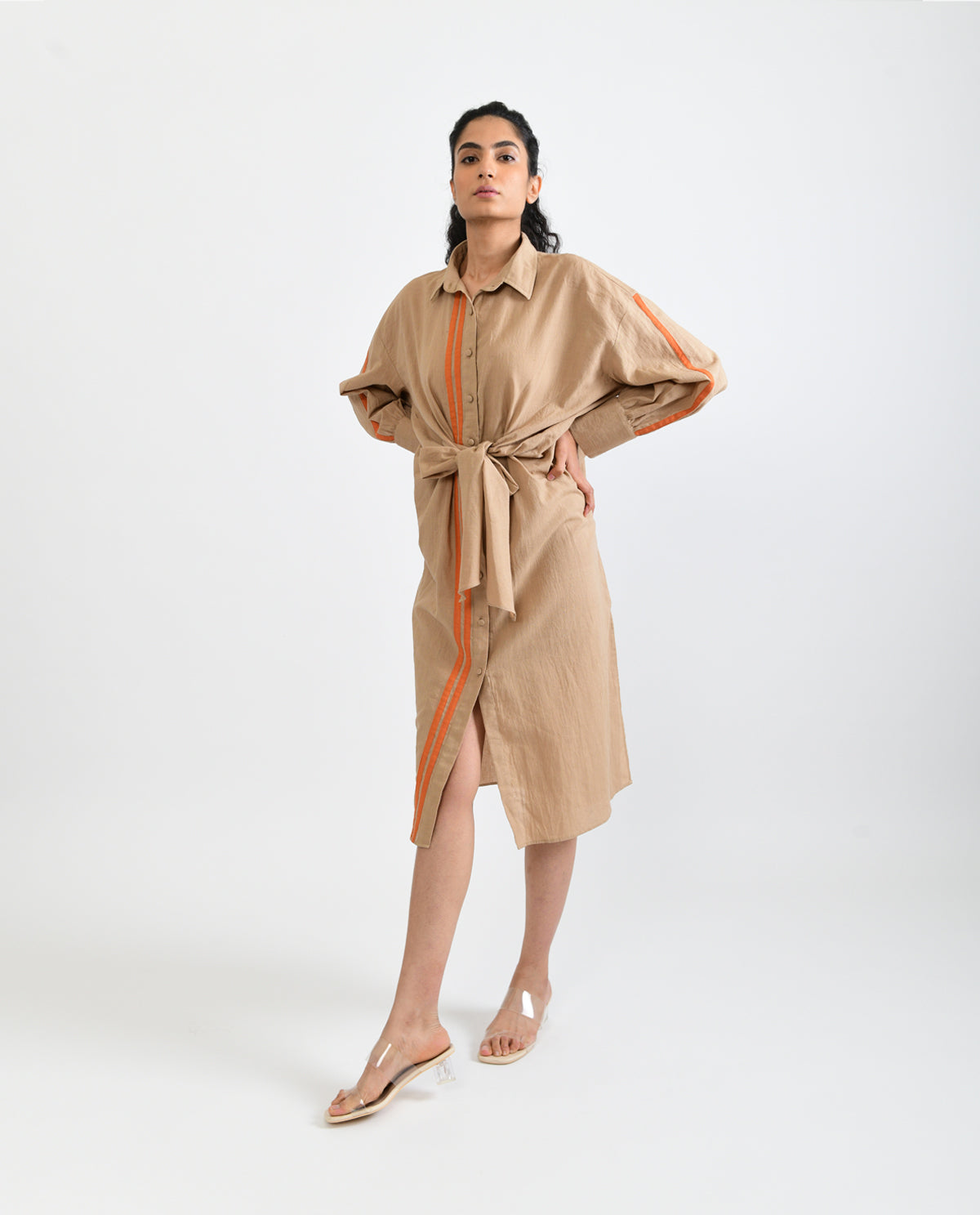 Beige Handloom Cotton Midi Dress by Rias Jaipur with Beige, Casual Wear, Handloom Cotton, Handspun, Handwoven, Hue, Midi Dresses, Relaxed Fit, Rias Hue by Rias Jaipur, Shirt Dresses, Solids, Stripes, Womenswear at Kamakhyaa for sustainable fashion