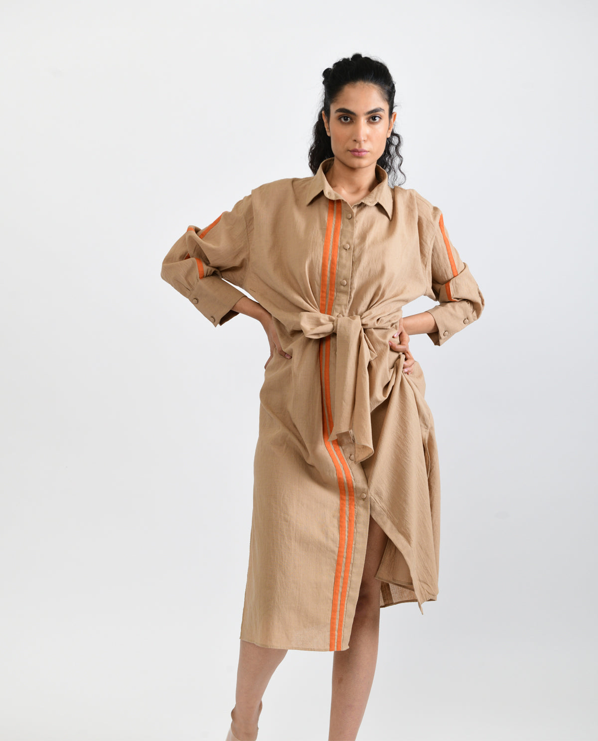 Beige Handloom Cotton Midi Dress by Rias Jaipur with Beige, Casual Wear, Handloom Cotton, Handspun, Handwoven, Hue, Midi Dresses, Relaxed Fit, Rias Hue by Rias Jaipur, Shirt Dresses, Solids, Stripes, Womenswear at Kamakhyaa for sustainable fashion