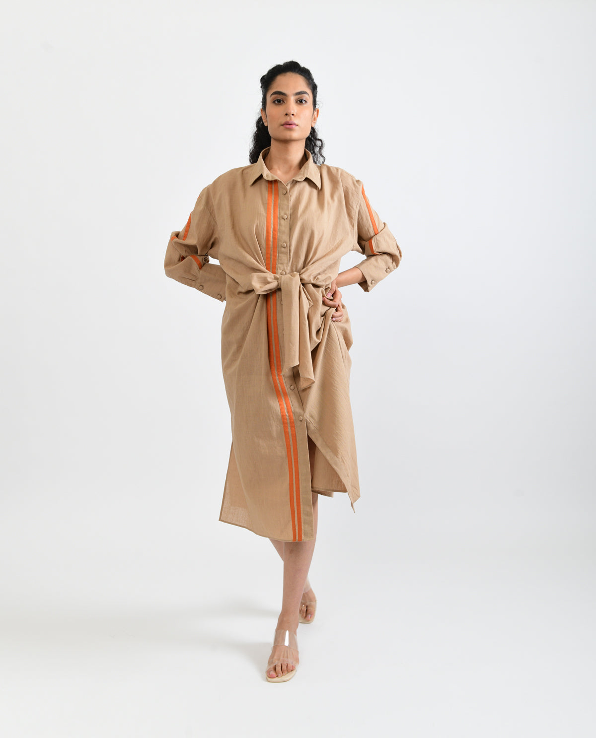 Beige Handloom Cotton Midi Dress by Rias Jaipur with Beige, Casual Wear, Handloom Cotton, Handspun, Handwoven, Hue, Midi Dresses, Relaxed Fit, Rias Hue by Rias Jaipur, Shirt Dresses, Solids, Stripes, Womenswear at Kamakhyaa for sustainable fashion