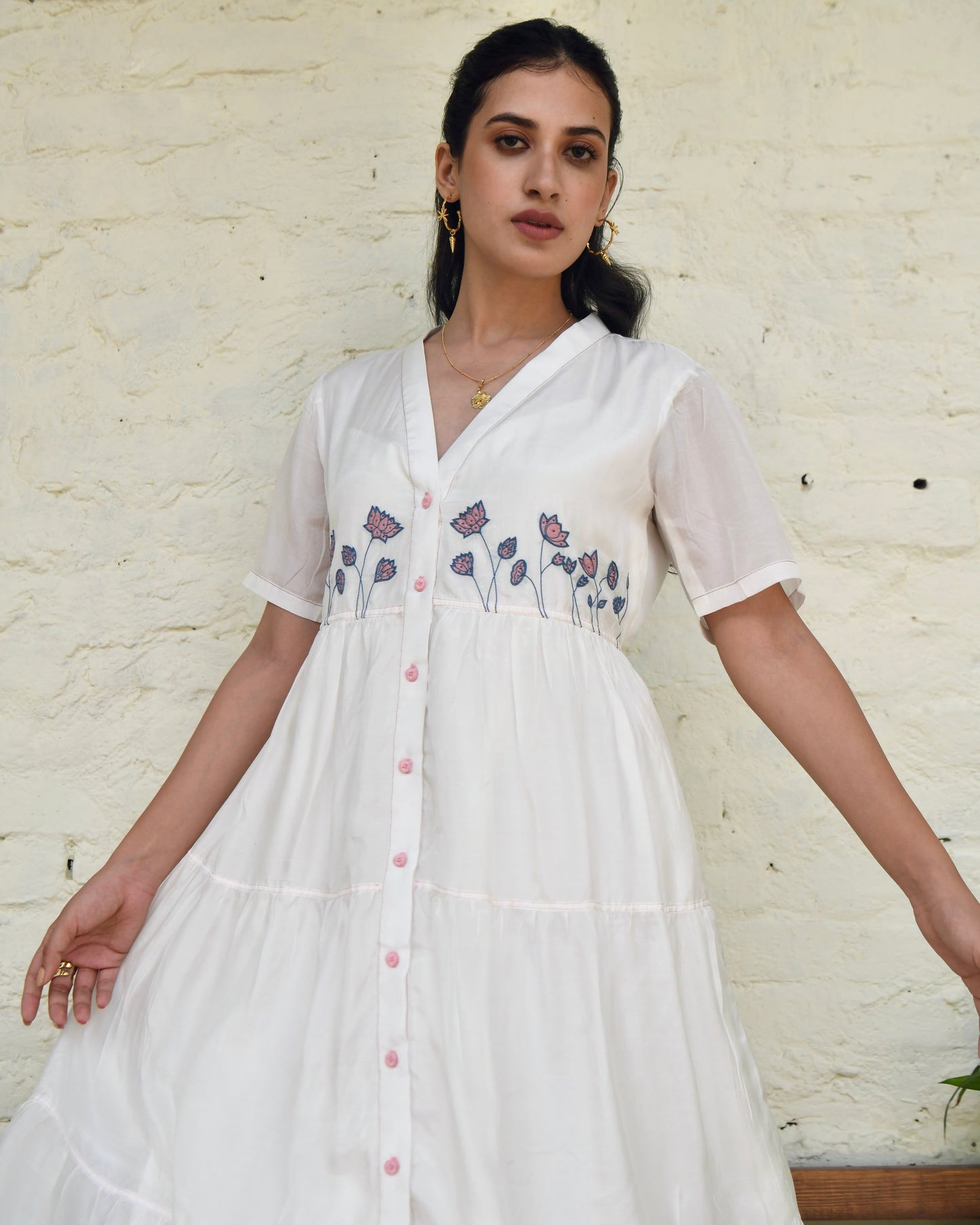 White Embroidered Silk Maxi Dress by Taro with Best Selling, Dusk To Dawn by Taro, Embroidered, Evening Wear, FB ADS JUNE, July Sale, July Sale 2023, Midi Dresses, Modal silk, Natural, Regular Fit, Shirt Dresses, Silk, White, Womenswear at Kamakhyaa for sustainable fashion