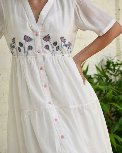 White Embroidered Silk Maxi Dress by Taro with Best Selling, Dusk To Dawn by Taro, Embroidered, Evening Wear, FB ADS JUNE, July Sale, July Sale 2023, Midi Dresses, Modal silk, Natural, Regular Fit, Shirt Dresses, Silk, White, Womenswear at Kamakhyaa for sustainable fashion