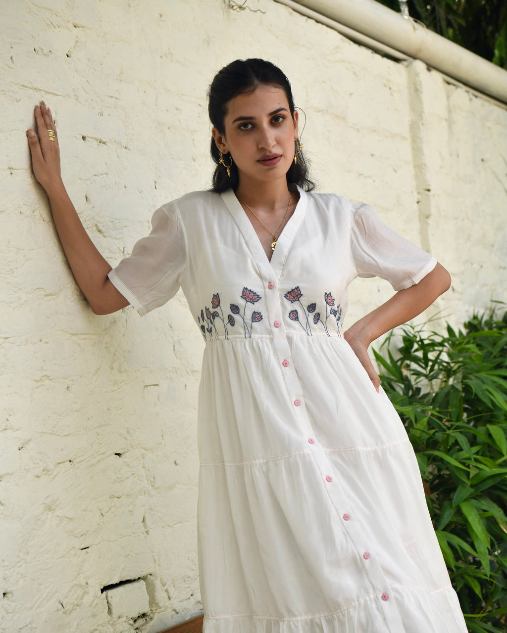 White Embroidered Silk Maxi Dress by Taro with Best Selling, Dusk To Dawn by Taro, Embroidered, Evening Wear, FB ADS JUNE, July Sale, July Sale 2023, Midi Dresses, Modal silk, Natural, Regular Fit, Shirt Dresses, Silk, White, Womenswear at Kamakhyaa for sustainable fashion