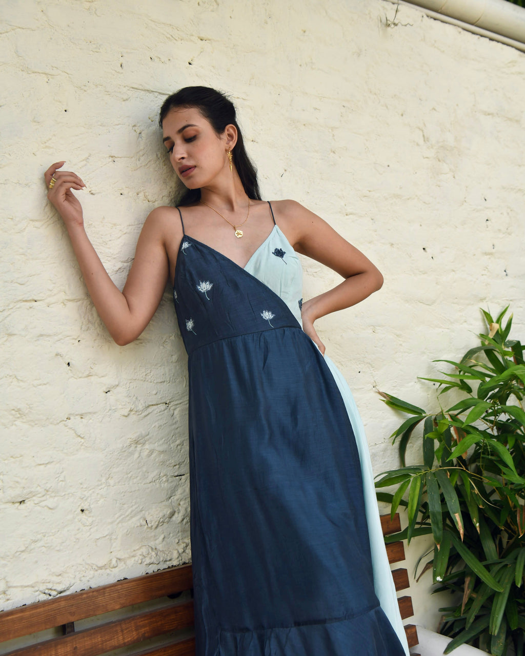 Blue SIlk Embroidered Dress by Taro with Best Selling, Blue, Dusk To Dawn by Taro, Embroidered, Evening Wear, FB ADS JUNE, For Daughter, July Sale, July Sale 2023, Maxi Dresses, Modal silk, Natural, Regular Fit, Silk, Sleeveless Dresses, Womenswear at Kamakhyaa for sustainable fashion