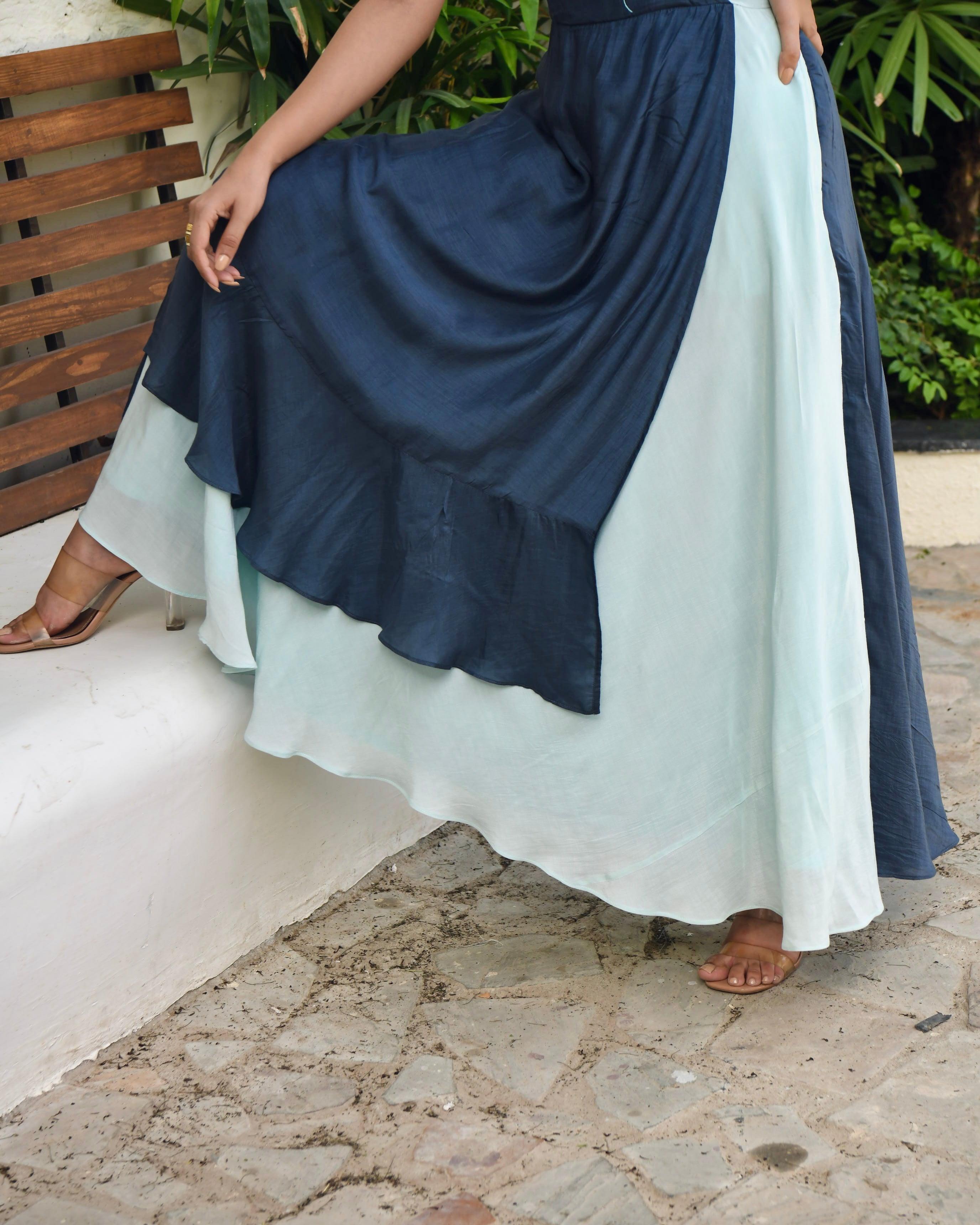 Blue SIlk Embroidered Dress by Taro with Best Selling, Blue, Dusk To Dawn by Taro, Embroidered, Evening Wear, FB ADS JUNE, For Daughter, July Sale, July Sale 2023, Maxi Dresses, Modal silk, Natural, Regular Fit, Silk, Sleeveless Dresses, Womenswear at Kamakhyaa for sustainable fashion