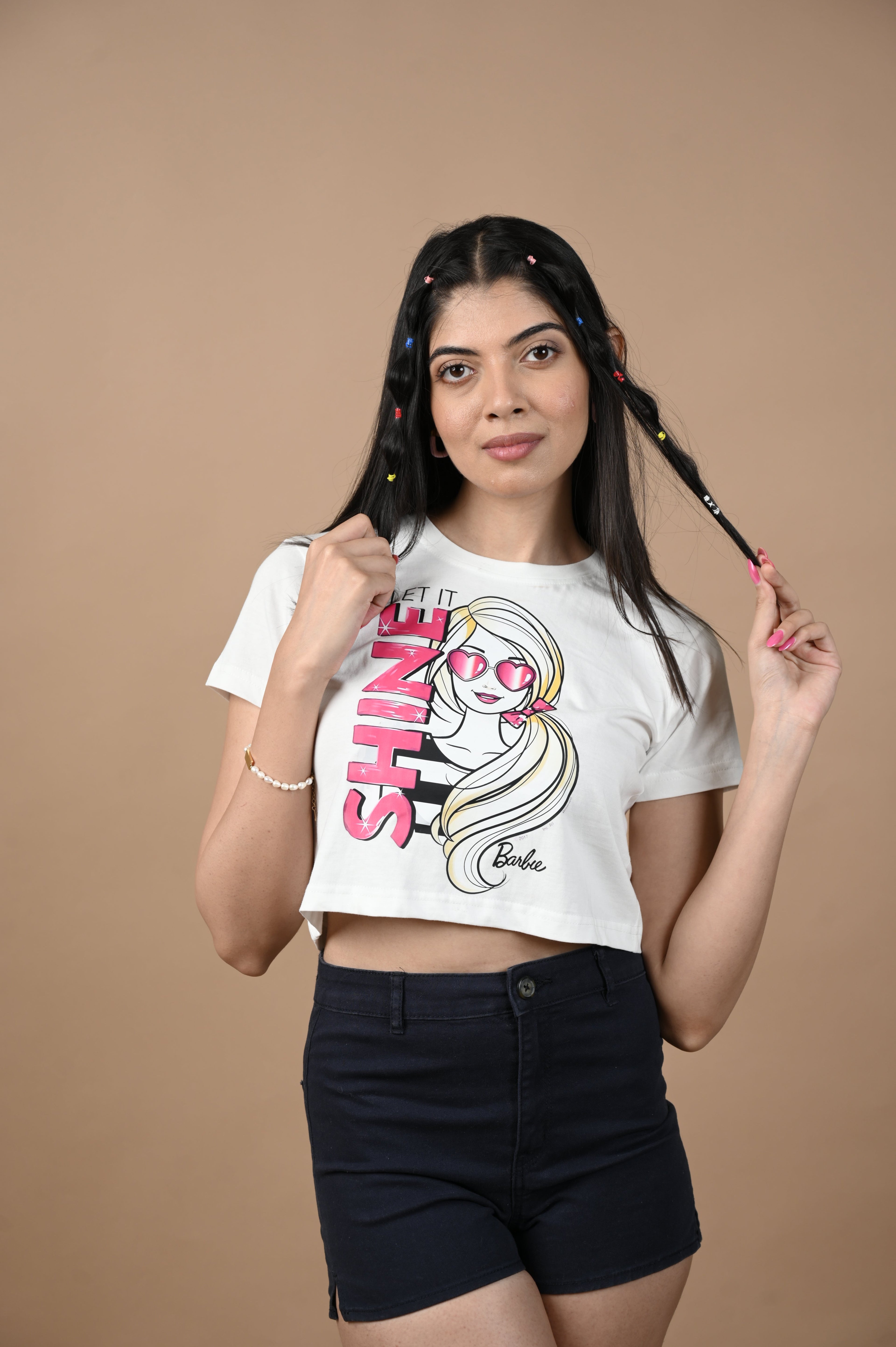 Barbie Shine 100% Cotton Crop White T-shirt by Unfussy with 100% cotton, Casual Wear, Crop Tops, Organic, Oversized Fit, Printed, Shirts, T-Shirts, Unfussy, Unisex, White, Womenswear at Kamakhyaa for sustainable fashion