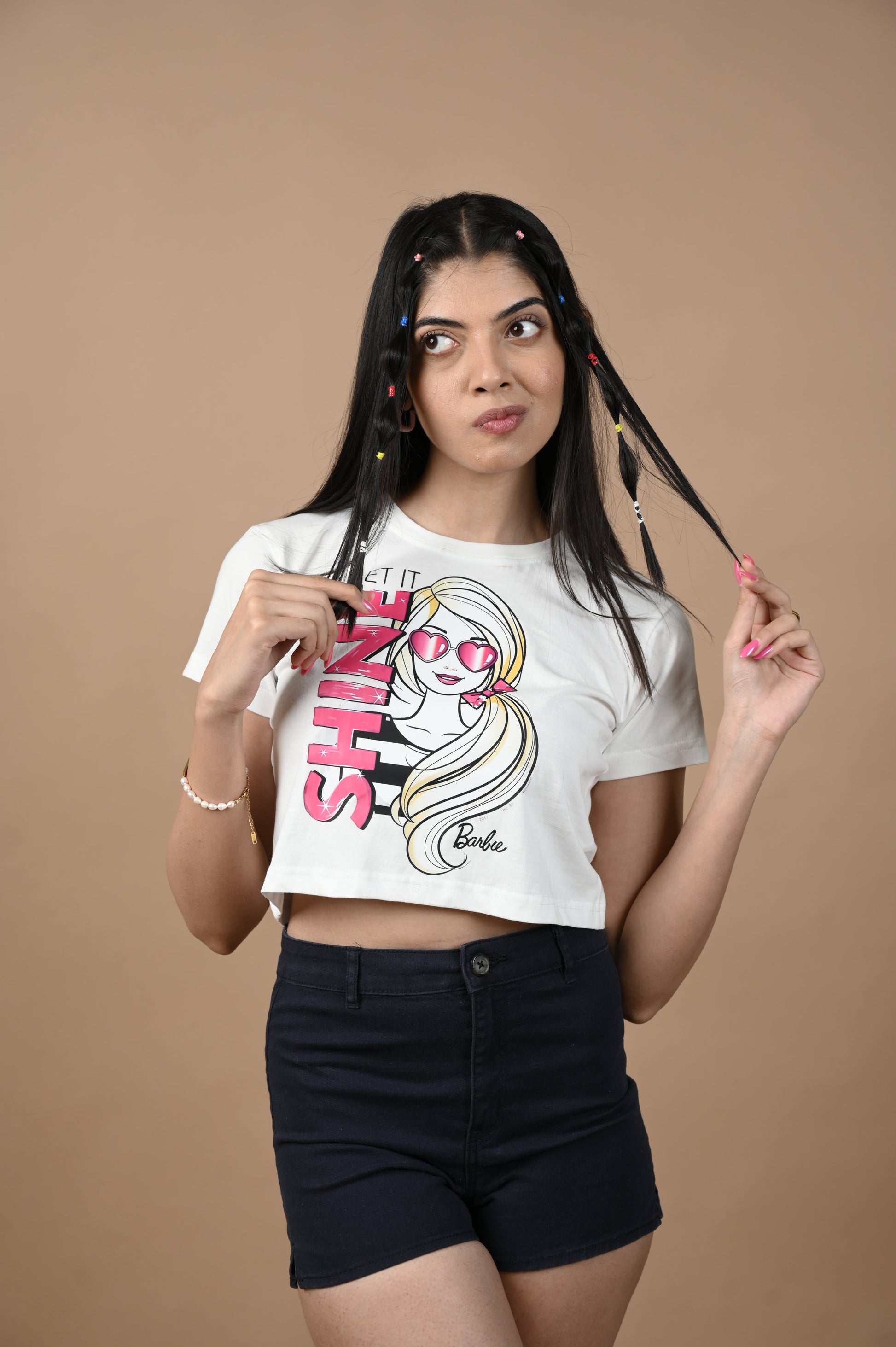 Barbie Shine 100% Cotton Crop White T-shirt by Unfussy with 100% cotton, Casual Wear, Crop Tops, Organic, Oversized Fit, Printed, Shirts, T-Shirts, Unfussy, Unisex, White, Womenswear at Kamakhyaa for sustainable fashion