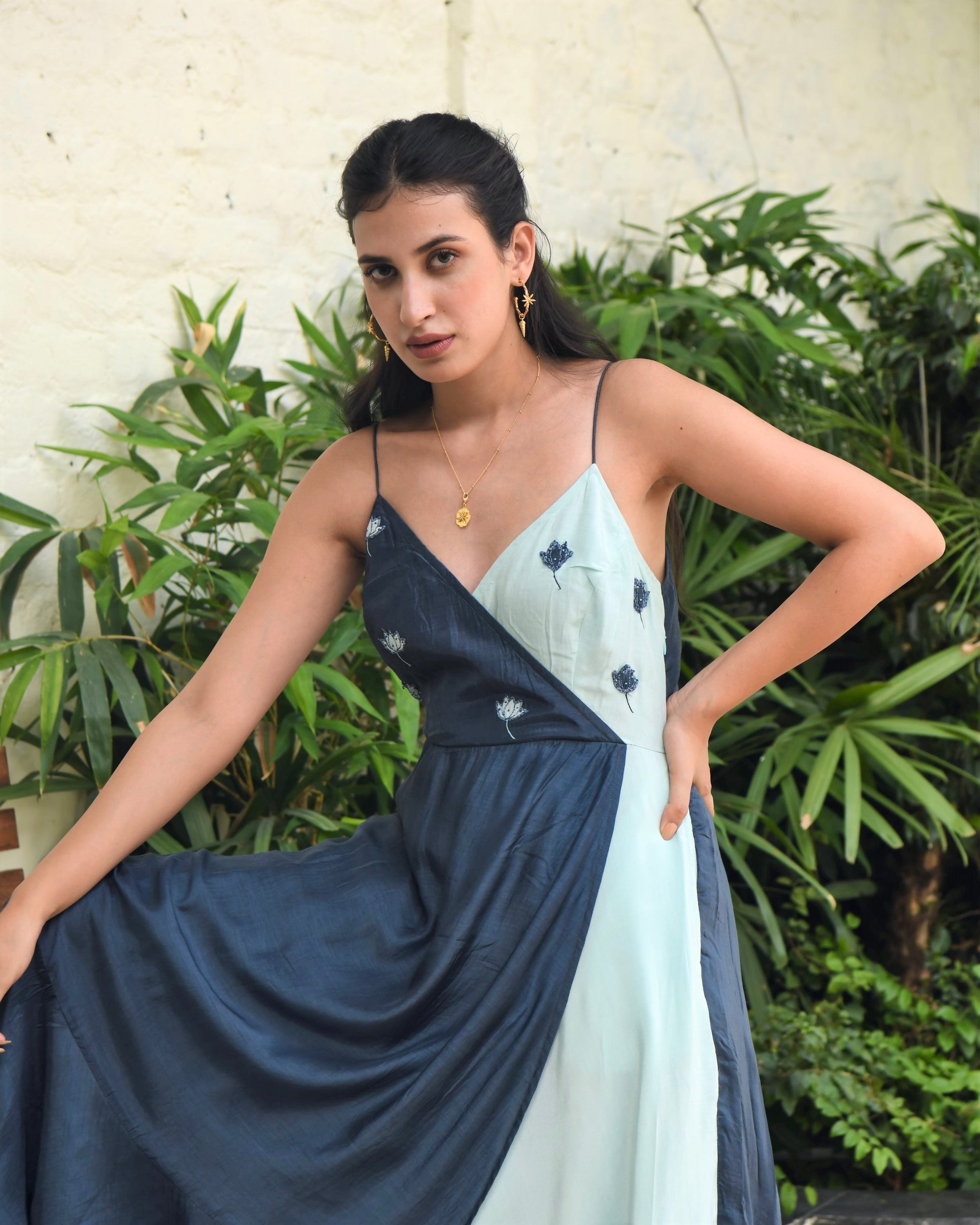 Blue SIlk Embroidered Dress by Taro with Best Selling, Blue, Dusk To Dawn by Taro, Embroidered, Evening Wear, FB ADS JUNE, For Daughter, July Sale, July Sale 2023, Maxi Dresses, Modal silk, Natural, Regular Fit, Silk, Sleeveless Dresses, Womenswear at Kamakhyaa for sustainable fashion
