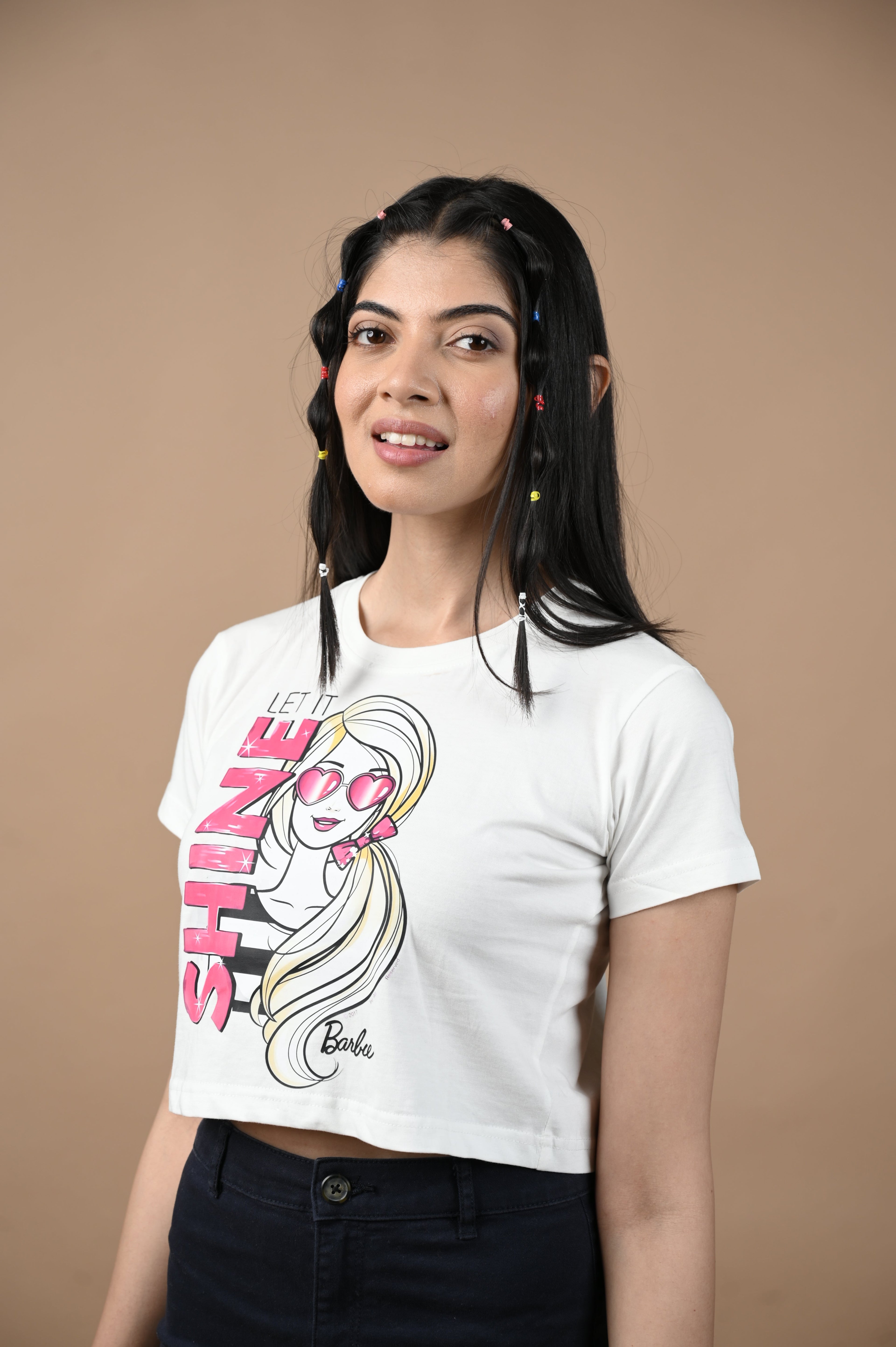 Barbie Shine 100% Cotton Crop White T-shirt by Unfussy with 100% cotton, Casual Wear, Crop Tops, Organic, Oversized Fit, Printed, Shirts, T-Shirts, Unfussy, Unisex, White, Womenswear at Kamakhyaa for sustainable fashion