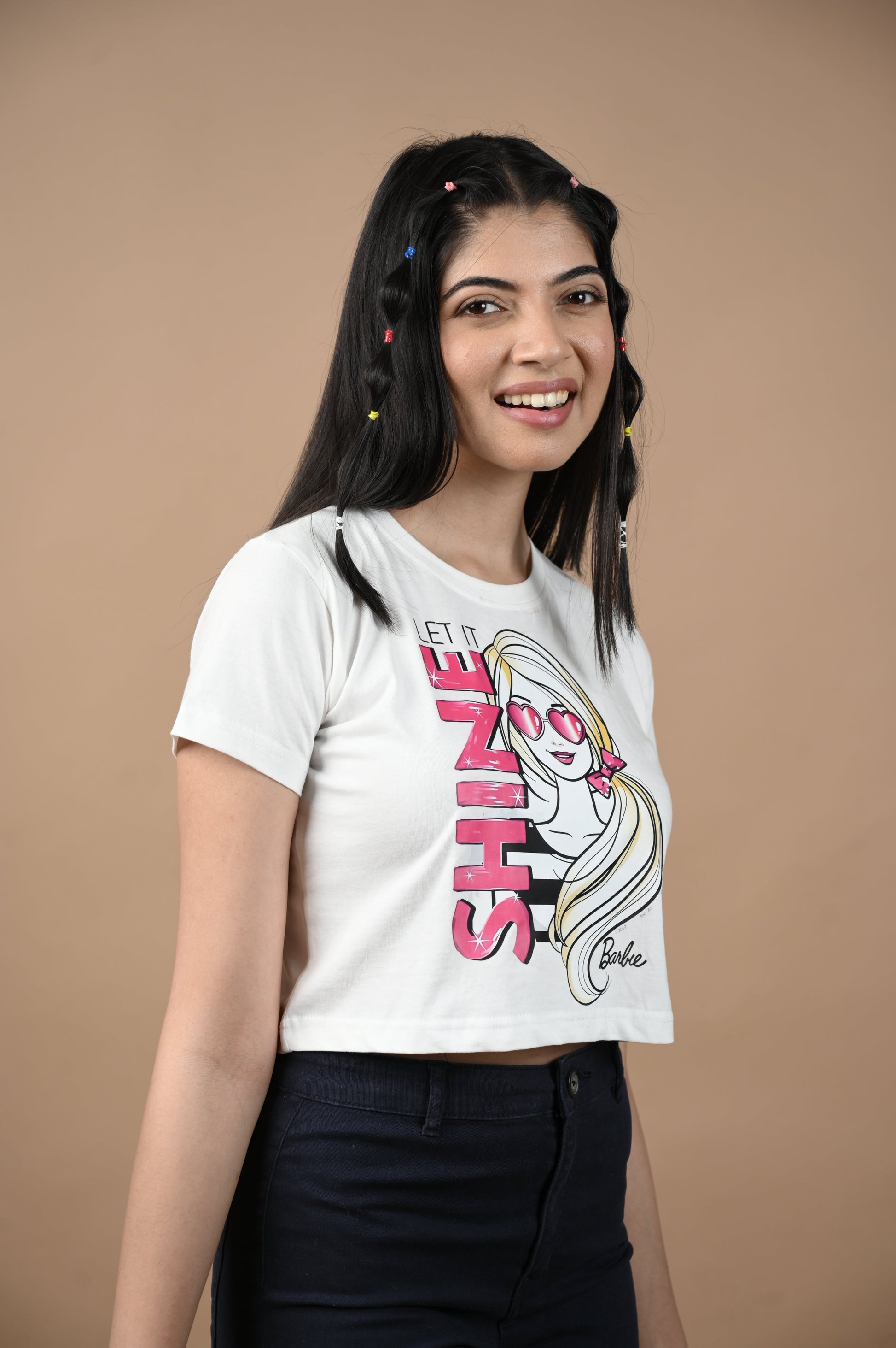 Barbie Shine 100% Cotton Crop White T-shirt by Unfussy with 100% cotton, Casual Wear, Crop Tops, Organic, Oversized Fit, Printed, Shirts, T-Shirts, Unfussy, Unisex, White, Womenswear at Kamakhyaa for sustainable fashion
