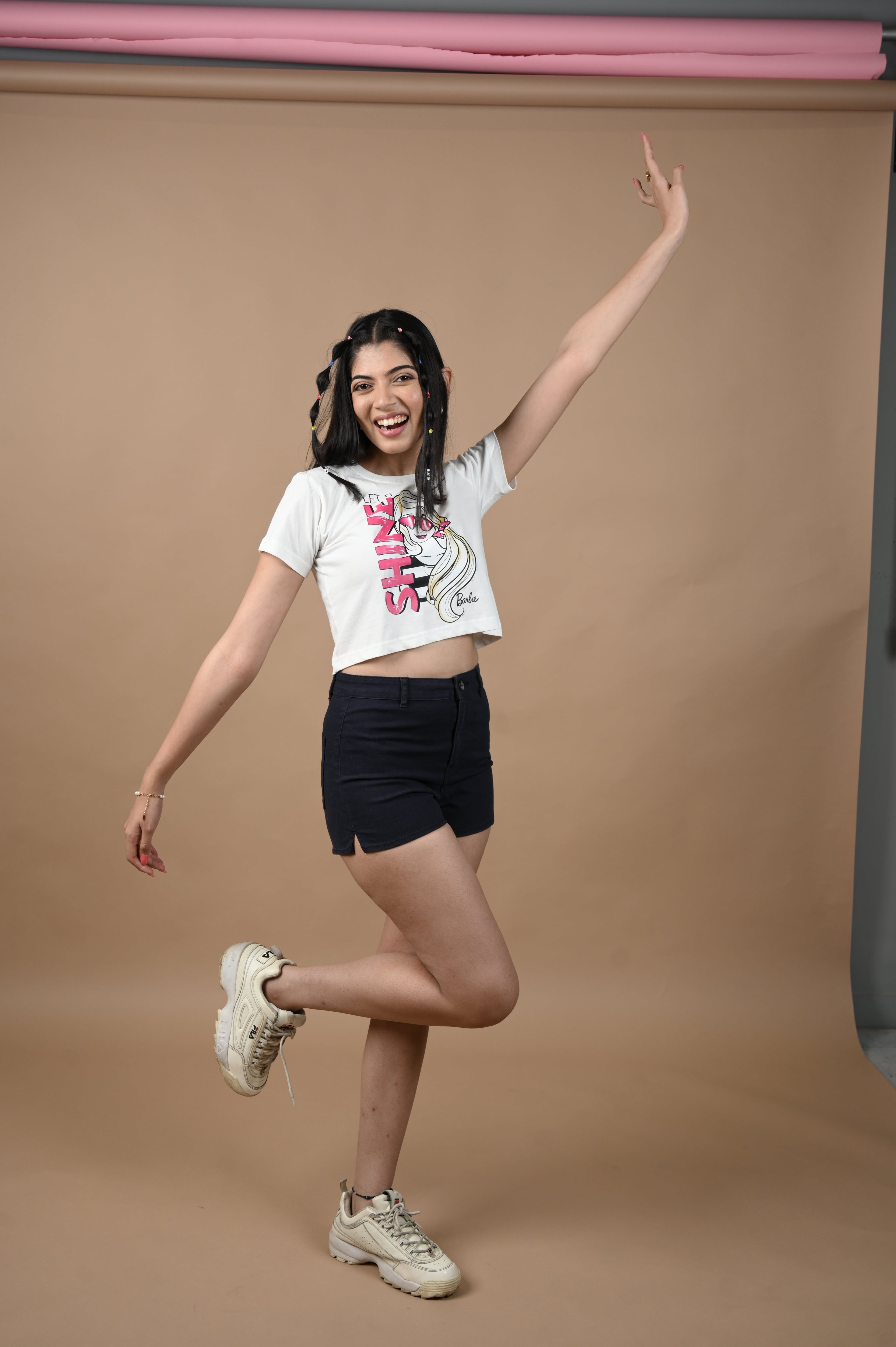 Barbie Shine 100% Cotton Crop White T-shirt by Unfussy with 100% cotton, Casual Wear, Crop Tops, Organic, Oversized Fit, Printed, Shirts, T-Shirts, Unfussy, Unisex, White, Womenswear at Kamakhyaa for sustainable fashion