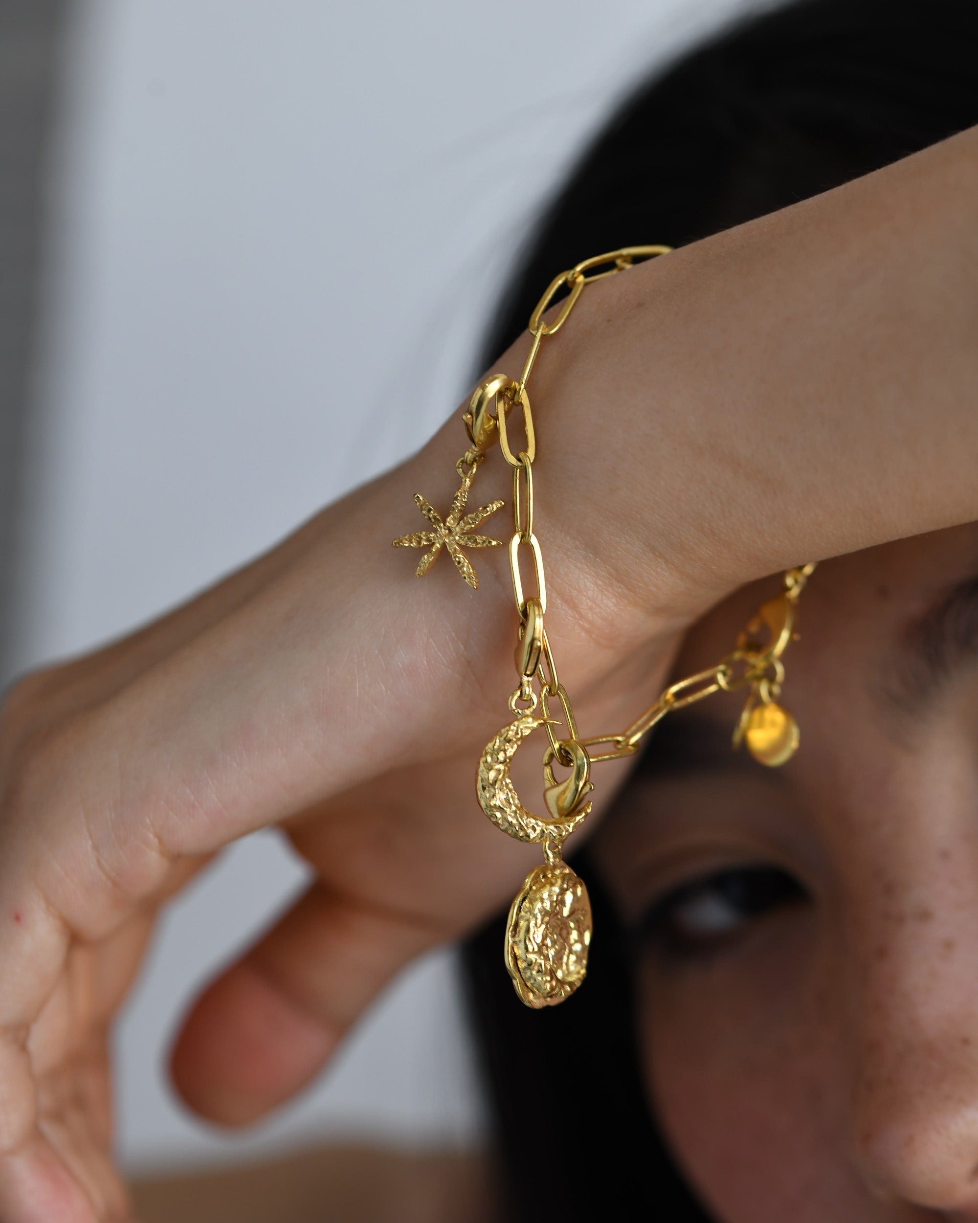 Gold Brass Linked Bracelets by The Loom Art with Add Ons, Bracelets, Brass, Cosmic Dream by The Loom Art, Fashion Jewellery, For Daughter, Free Size, Gold, Gold Plated, jewelry, Less than $50, Natural, Products less than $25, Textured at Kamakhyaa for sustainable fashion