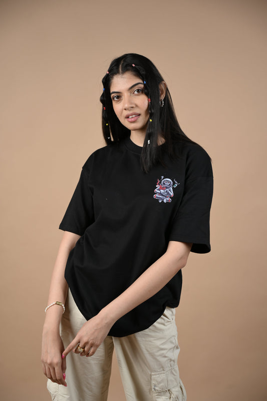 Astronaut 100% Cotton Oversized Black T-shirt by Unfussy with 100% cotton, Black, Casual Wear, Organic, Oversized Fit, Printed, T-Shirts, Unfussy, Unisex, Womenswear at Kamakhyaa for sustainable fashion